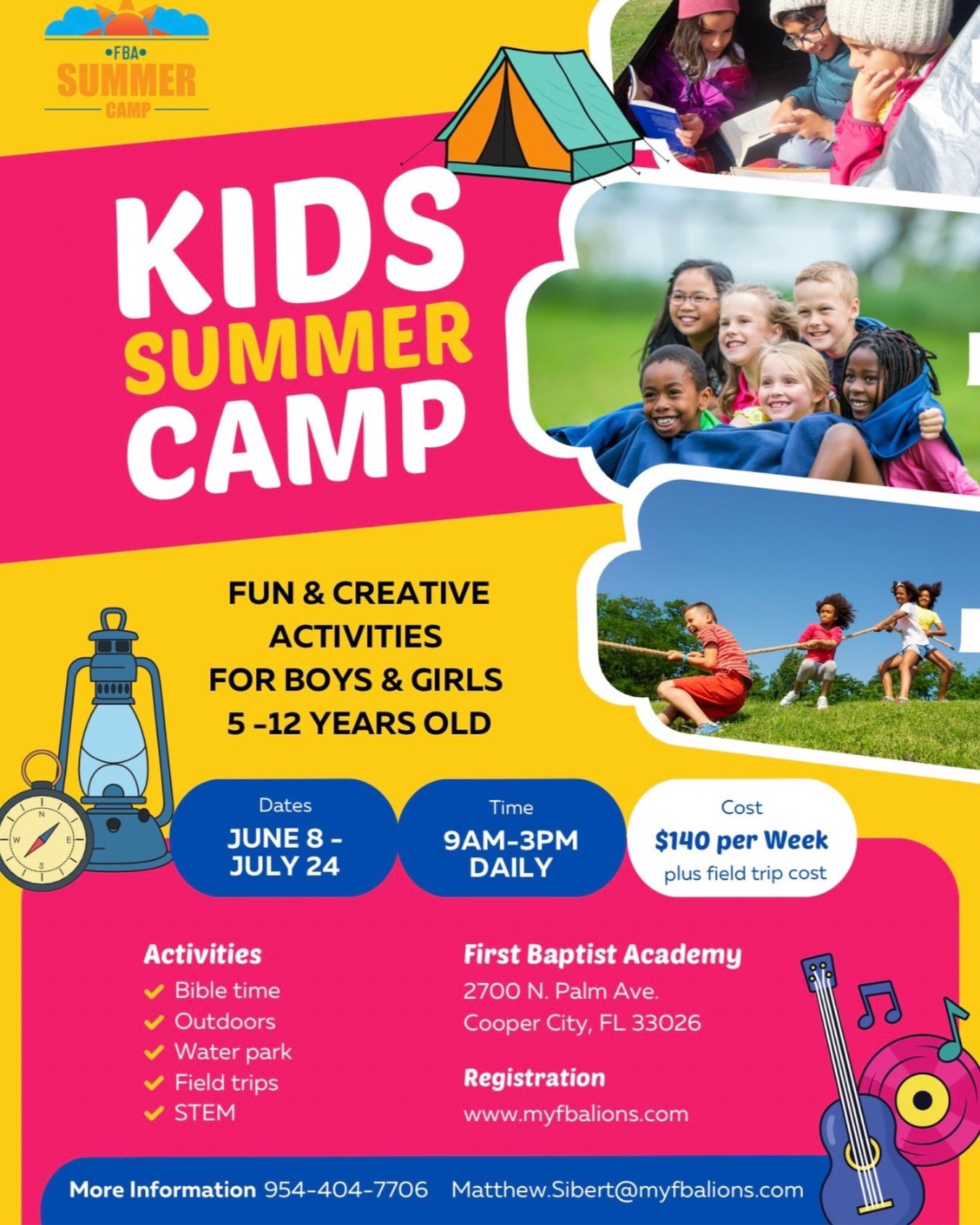 Summer is just around the corner!

FBA offers Summer Camp for children from ages 5-12 years old. Summer Camp hours are from 9 AM - 3 PM during the weekdays. Early drop off is available starting at 8 AM.

*Early bird registration is $75! Registration 