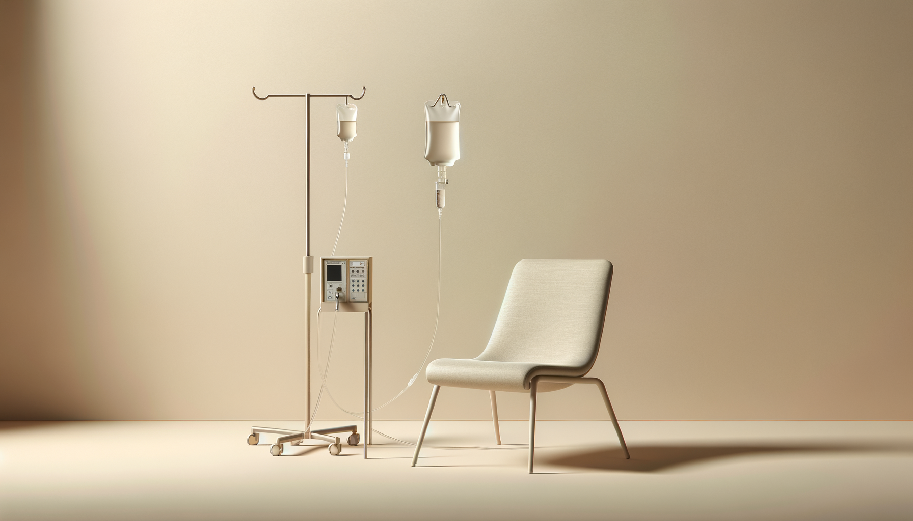 A hospital bed with IV drip and medical equipment, next to a beige chair, on a plain beige background.