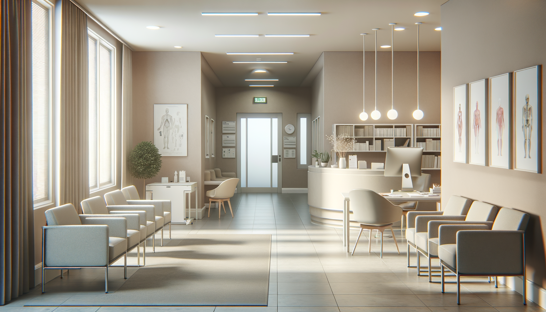 A modern medical clinic waiting area with beige walls, large windows with blinds, and multiple white chairs arranged in rows. There is a reception desk with a computer, and medical diagrams on the walls. The space is well-lit with ceiling lights and hanging pendant lights.