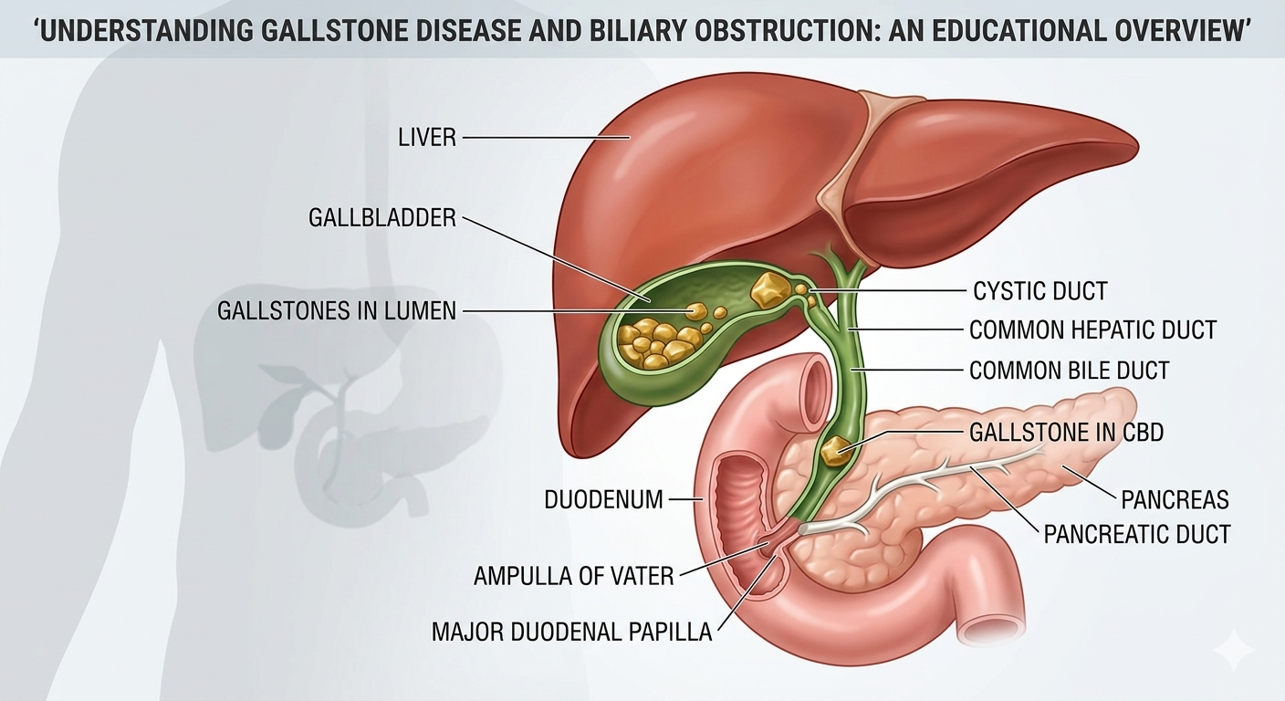Medical illustration of hepatobiliary anatomy showing gallstones in the gallbladder and common bile duct, related to gallbladder disease and robotic minimally invasive gallbladder surgery performed in Wesley Chapel.