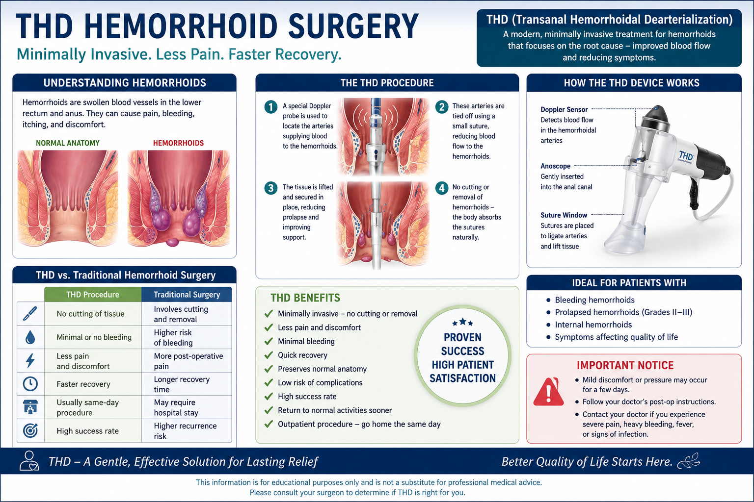 Infographic explaining Transanal Hemorrhoidal Dearterialization (THD), a minimally invasive hemorrhoid surgery, and comparison with traditional hemorrhoidectomy performed by Dr. Sahand Bamarni in Wesley Chapel, Florida.