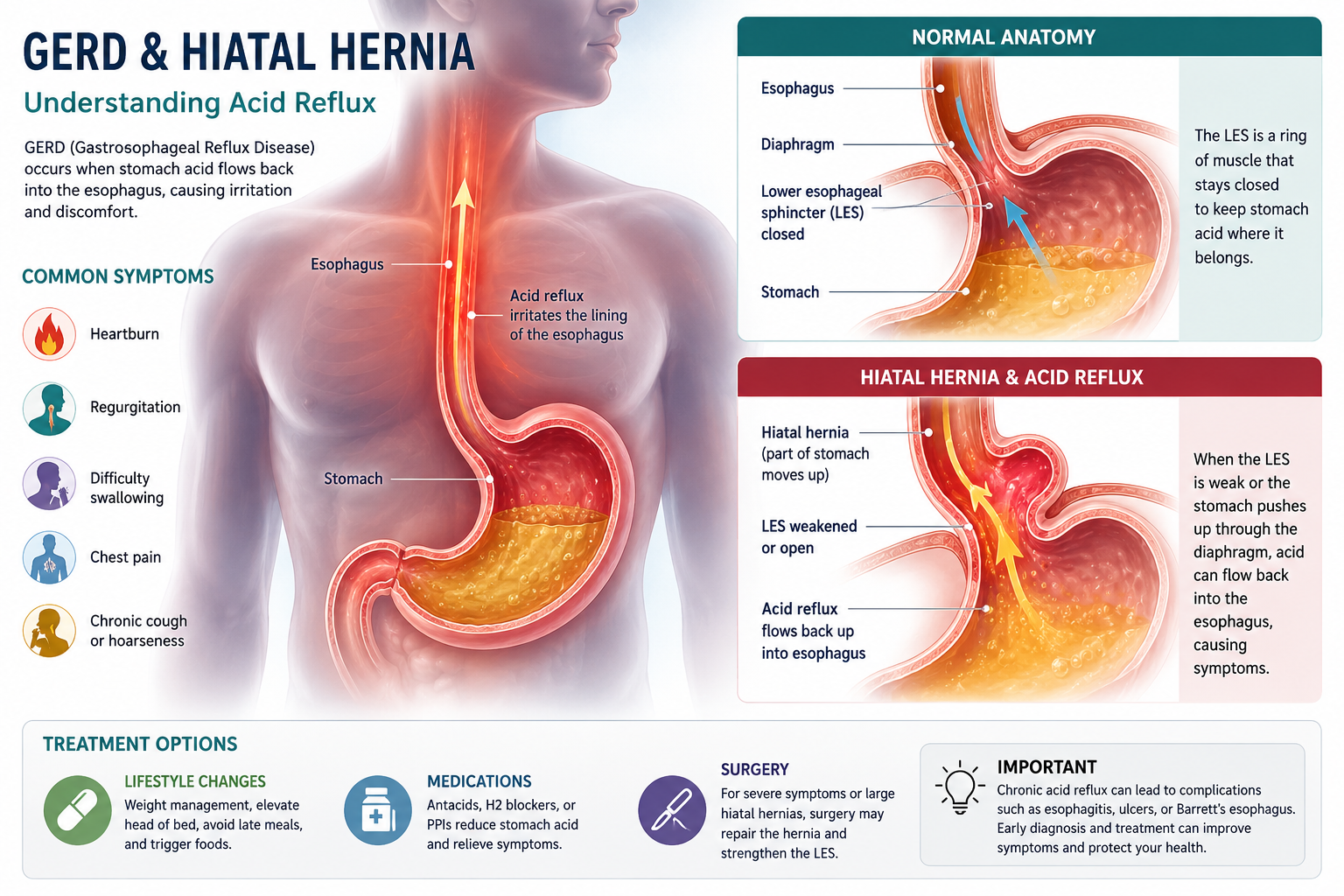 Diagram of GERD and hiatal hernia showing abnormal stomach movement through the diaphragm and lower esophageal sphincter dysfunction, related to surgical evaluation and anti-reflux procedures performed by Dr. Sahand Bamarni in Wesley Chapel, FL.