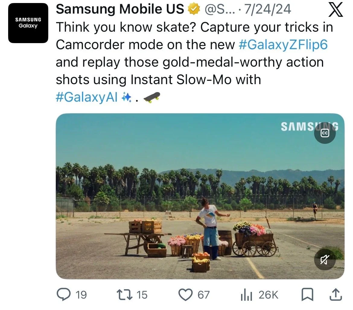 Jayden Smith, with over 18 million followers, and Jagger Eaton, a two-time Olympic medalist with 400k+ followers, came together for this Samsung partnership, and I got to write the caption. I blended the world of tech with the art of skating to creat