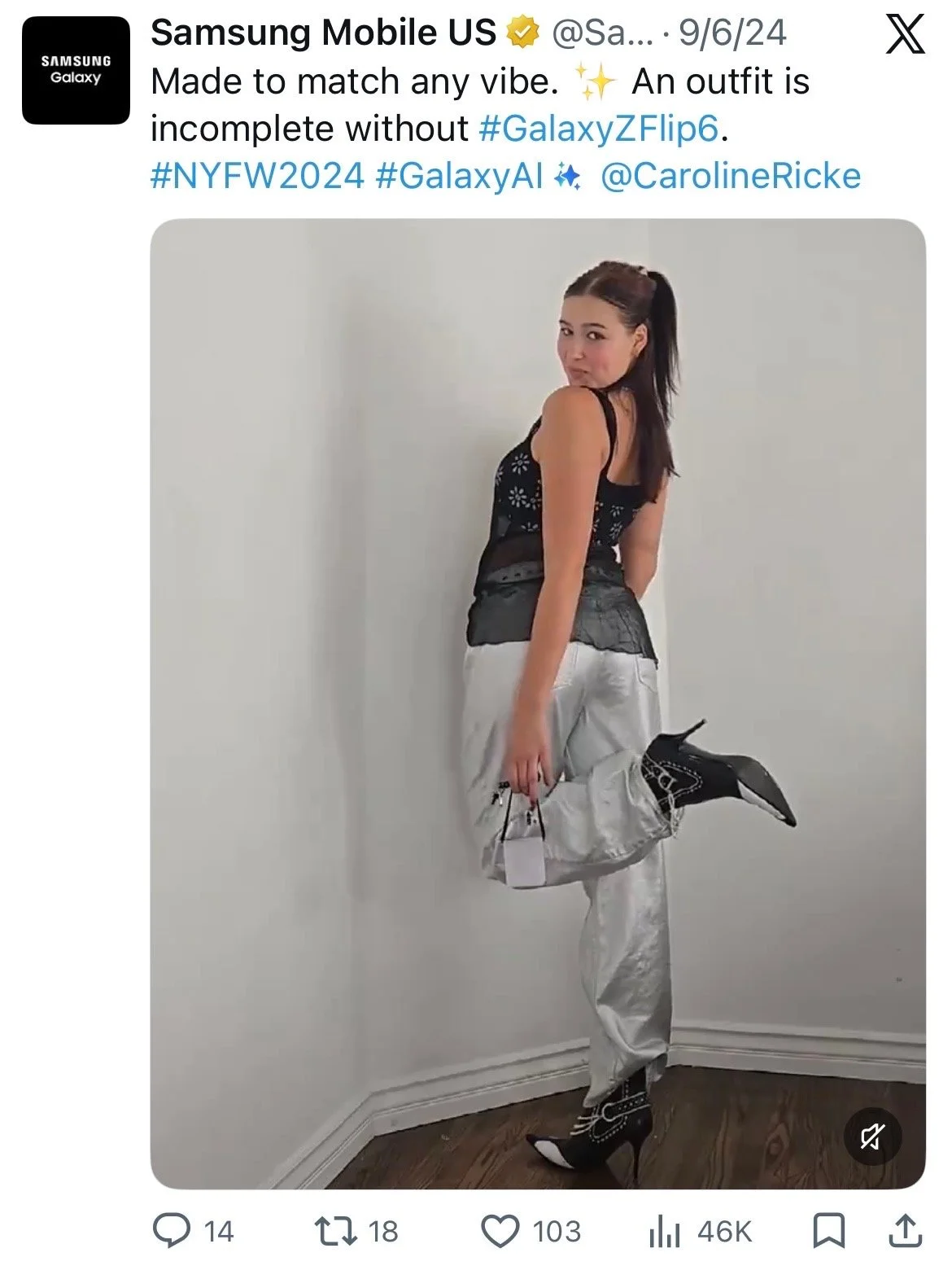 Caroline Ricke is a well-dressed satirical influencer with 500k+ followers on IG, where this was also shared on her account. The copy makes an entrance with alliteration and an exit with a fashion appeal, something I know her audience values.