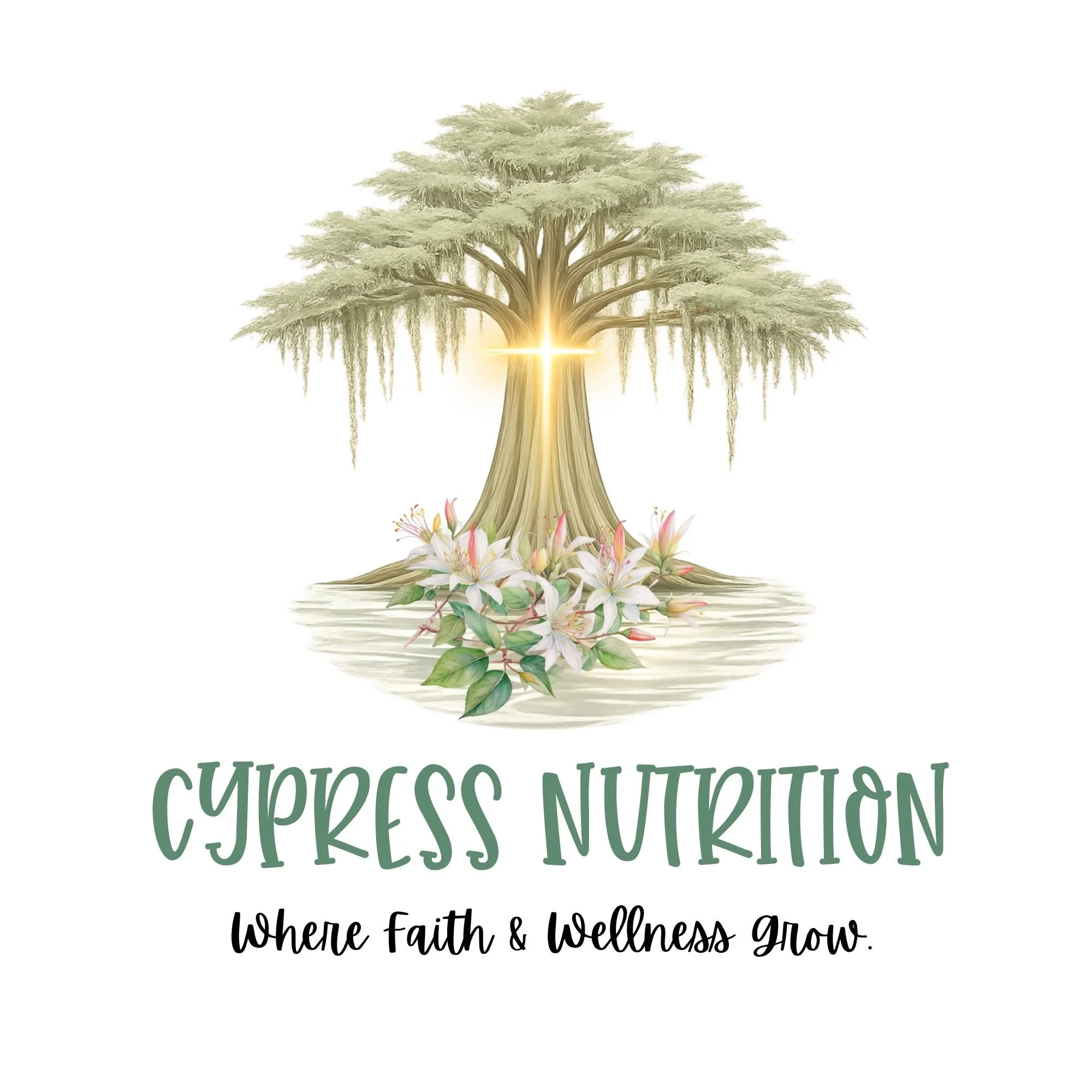 Text on image reads: "Cypress Nutrition where faith & wellness grow" with a tree illustration and flowers at the base.