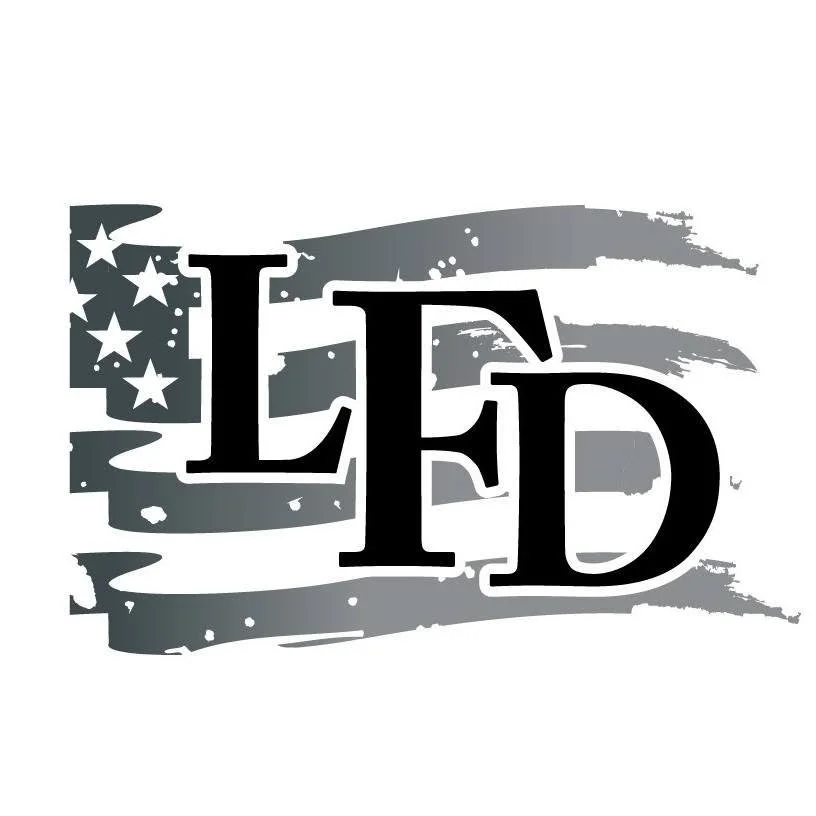 Stylized American flag background with large black letters L, E, D in the foreground.