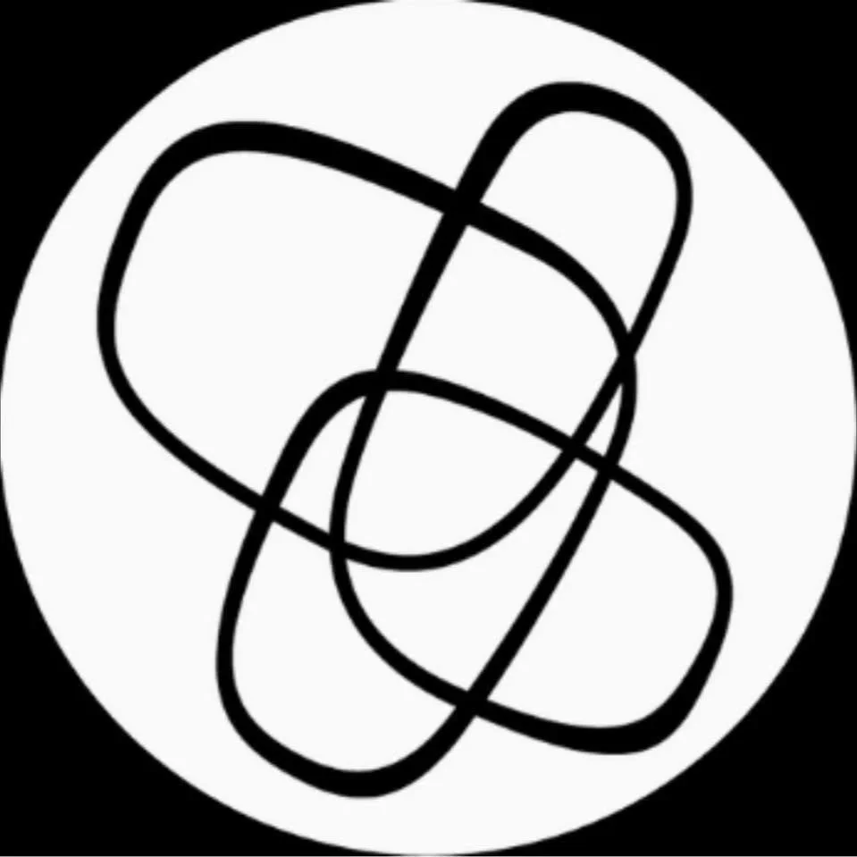 Black abstract line design on a white circular background.