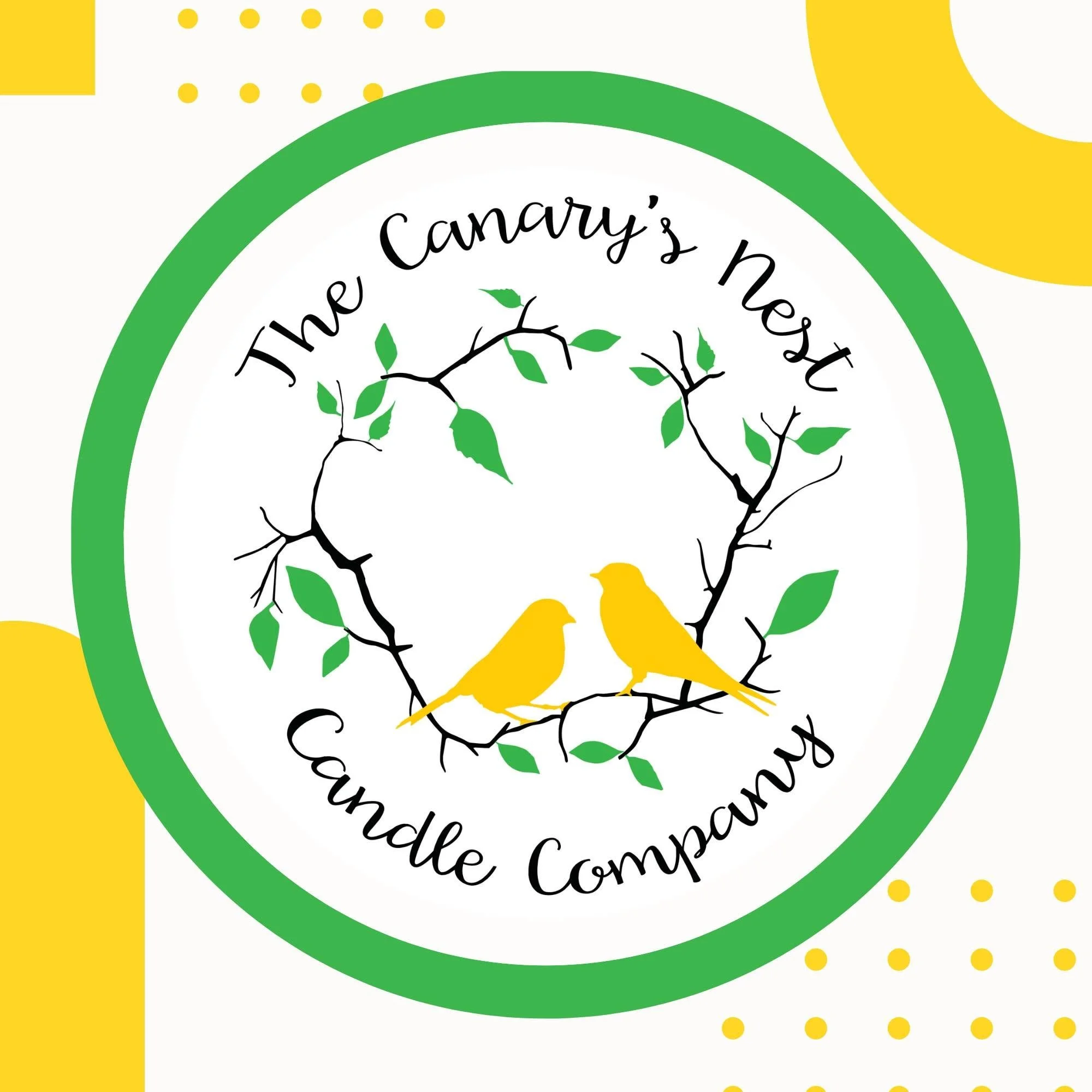 A graphic design featuring a circular logo with a green border and a white background, containing the text 'The Canary's Nest' in black, cursive font, and a branch with three yellow canaries sitting on it. The background has yellow and white sections with yellow dots.