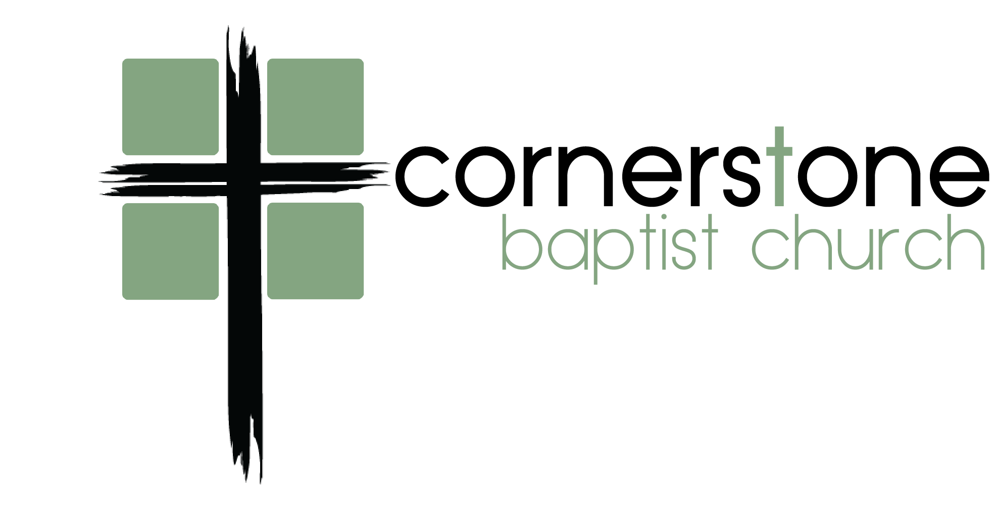 Logo of Baptist Church featuring a stylized cross made of four green squares and the church's name in lowercase green letters.