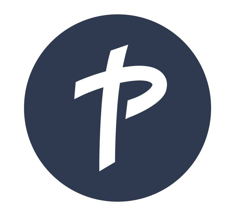 Logo featuring a white Christian cross with a stylized 'P' on a dark blue circular background.