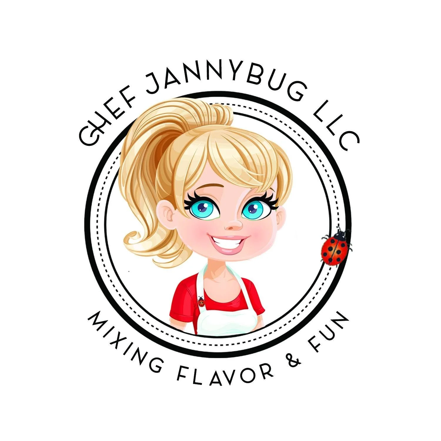 A logo for Cheif Jannybug LLC featuring a cartoon girl with blonde hair, big blue eyes, a red shirt, and a white apron, surrounded by ladybugs, with the text "MIXING FLAVOR & FUN" and the name of the business.