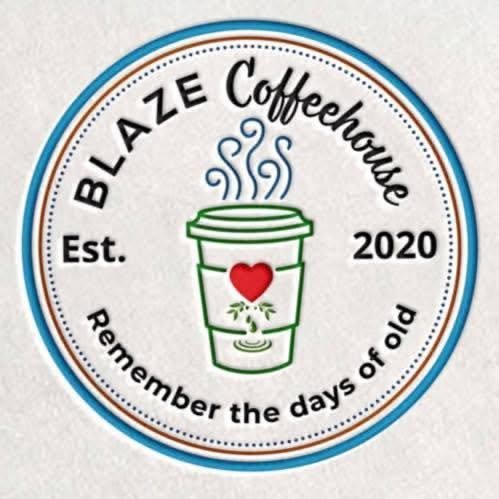 Logo for Blaze Coffeehouse with a coffee cup, heart, and steam, surrounded by text that says 'Blaze Coffeehouse,' 'Est. 2020,' and 'Remember the days of old.'
