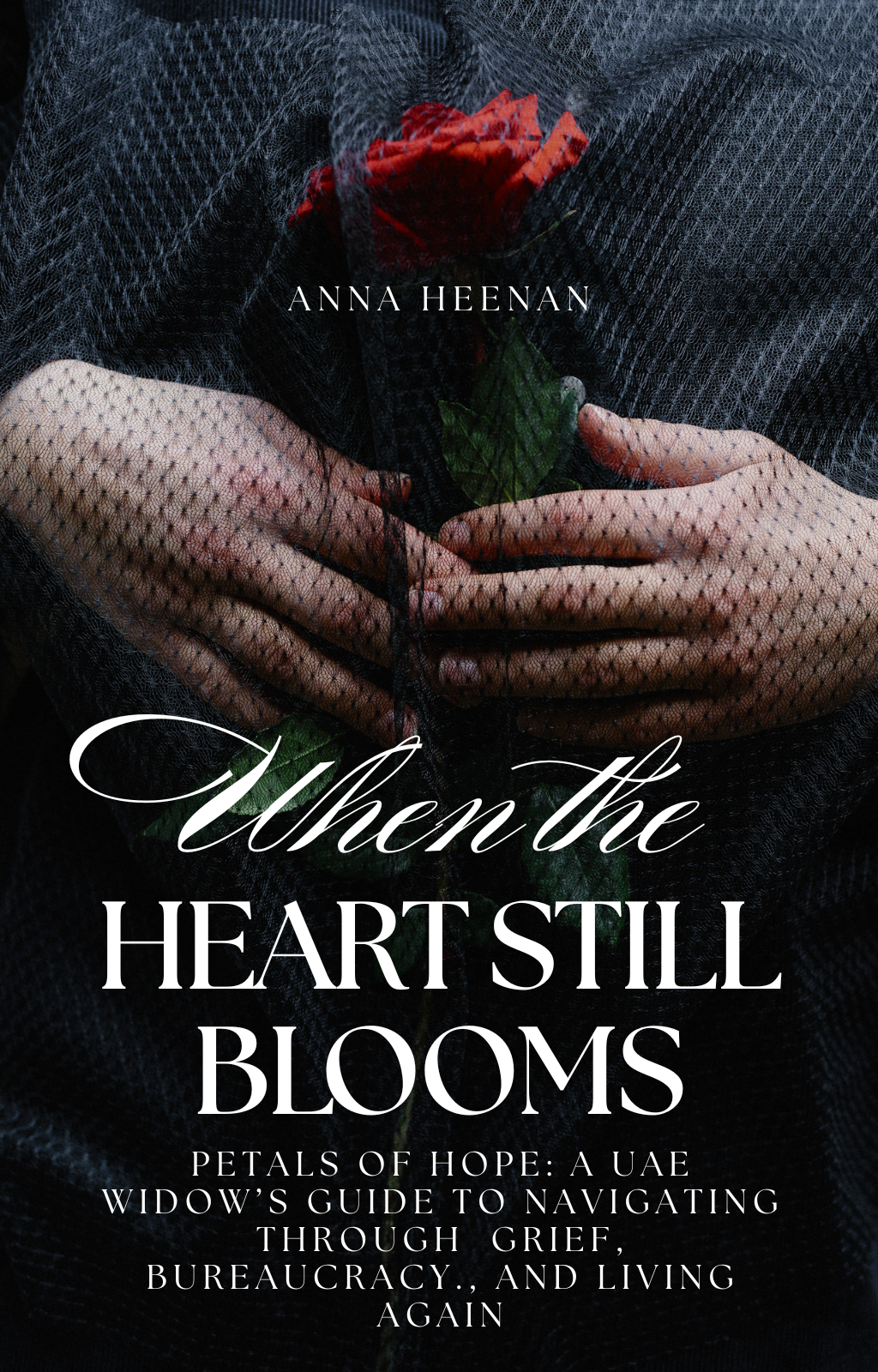 Book cover titled 'When the Heart Still Blooms' by Anna Heenan, featuring a hand holding a red rose behind black mesh fabric.