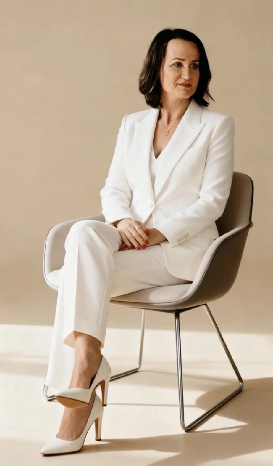 A woman with dark hair styled in loose waves, wearing a white suit, sitting on a modern beige and brown chair with metal legs, against a plain beige background.