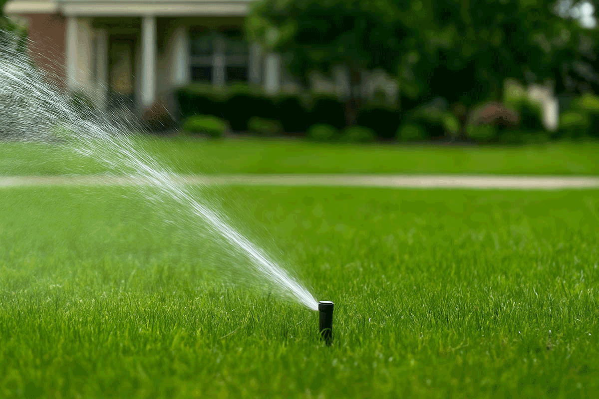 Green lawn with a sprinklers spray of water
