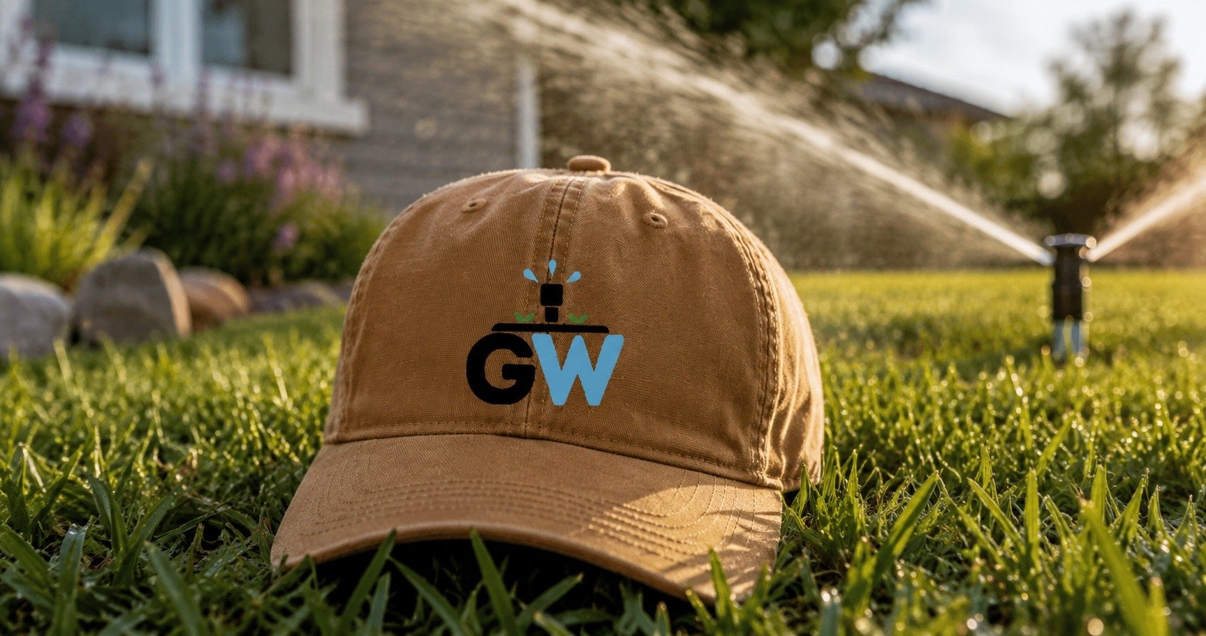 Tan baseball cap with a logo that has the letters G, W, and a water fountain spray, lying on green grass in a backyard with sprinklers watering the lawn.