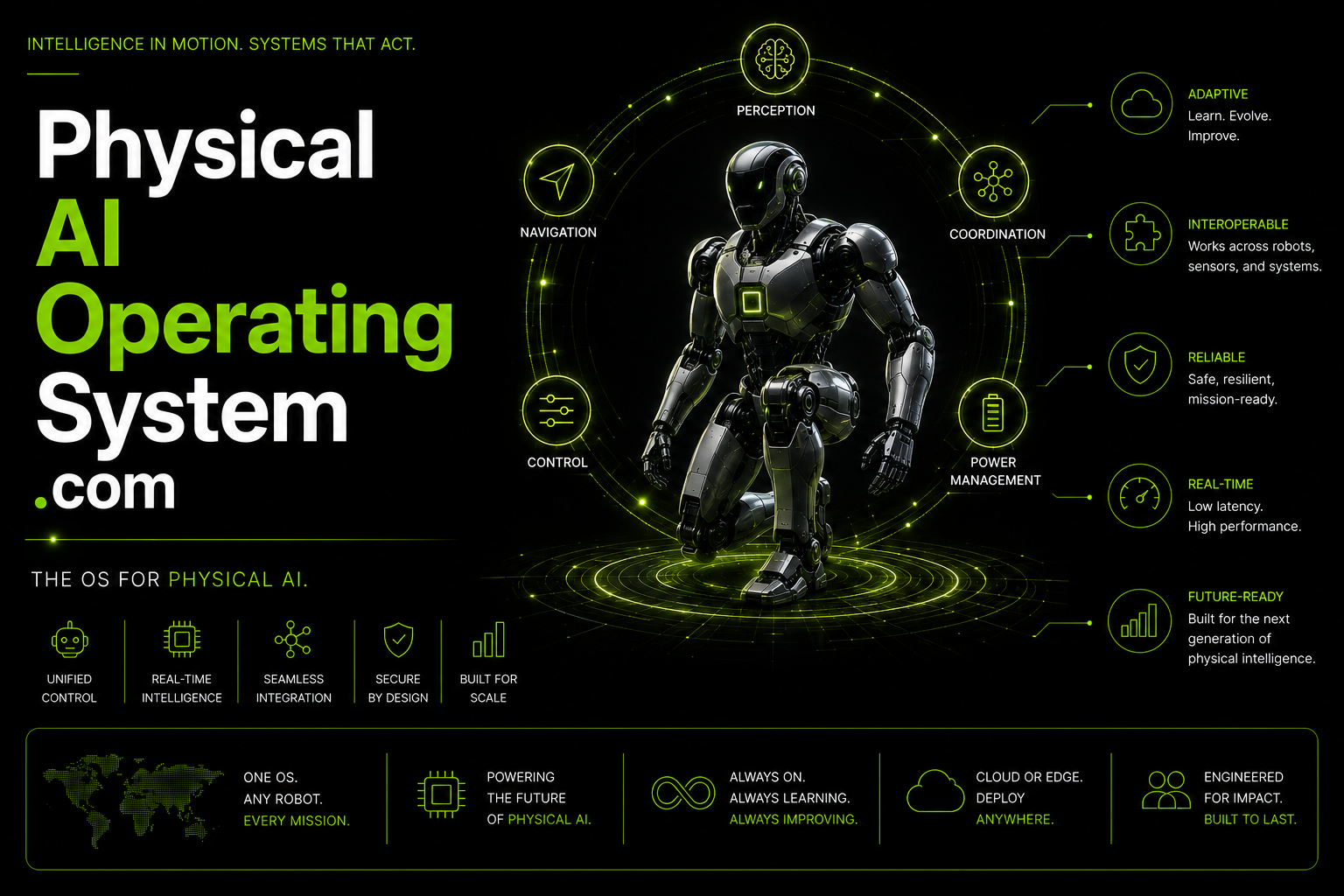 A futuristic infographic showcasing a robot representing a physical AI operating system. The robot is black and silver with glowing green accents, standing on a digital holographic platform. Surrounding it are glowing icons and labels indicating features like perception, navigation, control, coordination, power management, reliability, real-time performance, adaptability, interoperability, and future-readiness. The background is black with green and white text highlighting the system's capabilities and benefits.