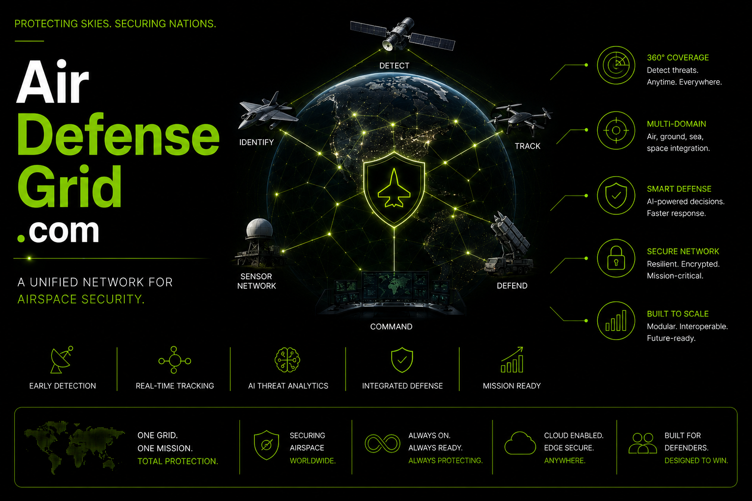 A graphic about an aerospace security network called Air Defense Grid. Features a globe with satellite, aircraft, ground-based, and command center icons connected by lines. Highlights include 360° coverage, multi-domain, smart defense, secure network, and built to scale.