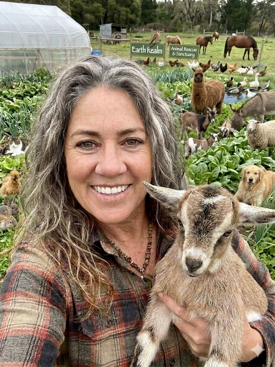 A woman with curly gray hair smiling and holding a wet baby goat at a petting farm surrounded by various animals including ducks, chickens, sheep, and horses. There are signs in the background that read 'Earth Realm' and 'Animal Rescue & Sanctuary'.