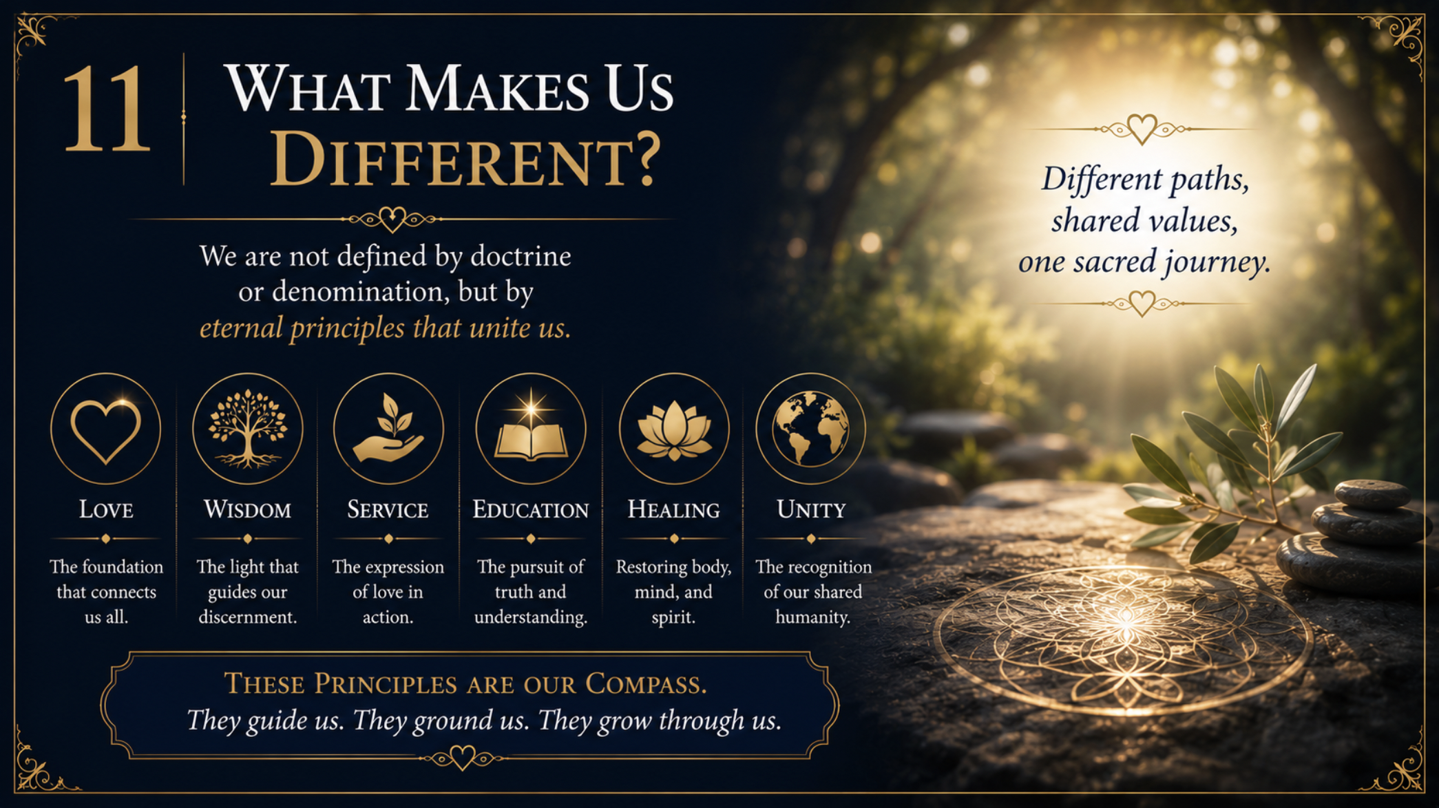 An infographic titled "What Makes Us Different?" with a background of a nature scene with sunlight filtering through trees. It lists eleven principles: Love, Wisdom, Service, Education, Healing, and Unity, each accompanied by icons and descriptions.