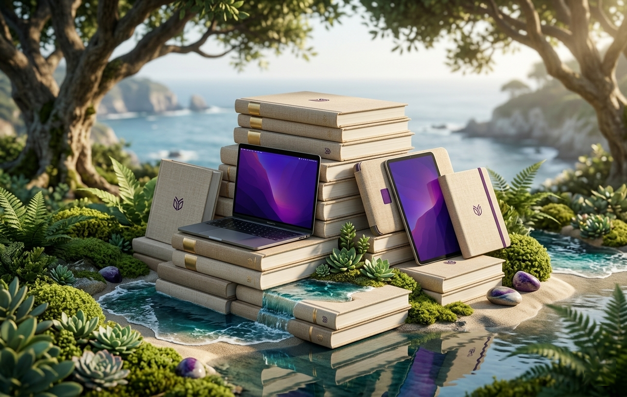 A fantasy scene with a stack of beige books, a laptop, and a tablet surrounded by plants and rocks on a shoreline with ocean and cliffs in the background.