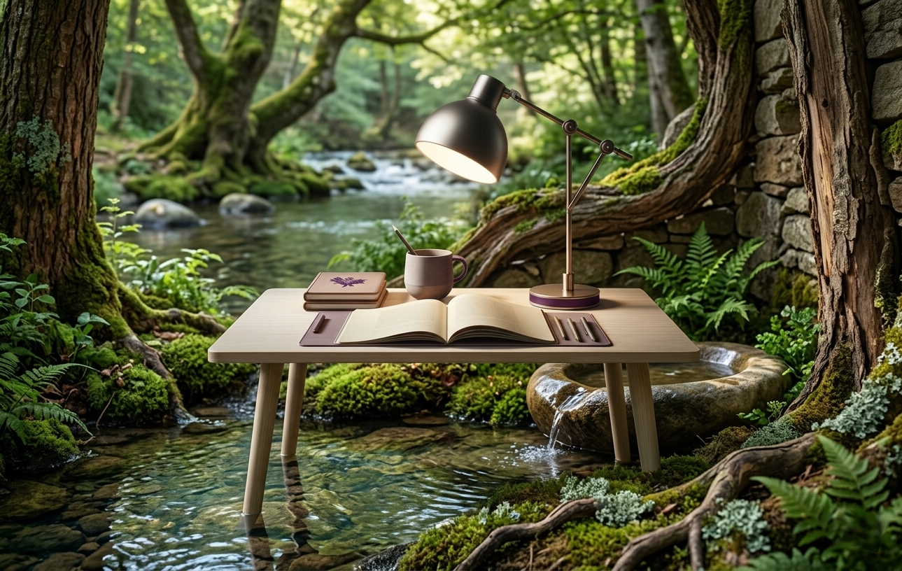 A wooden desk with a lamp, open book, mug, notebooks, and pens set in a lush forest stream scene.