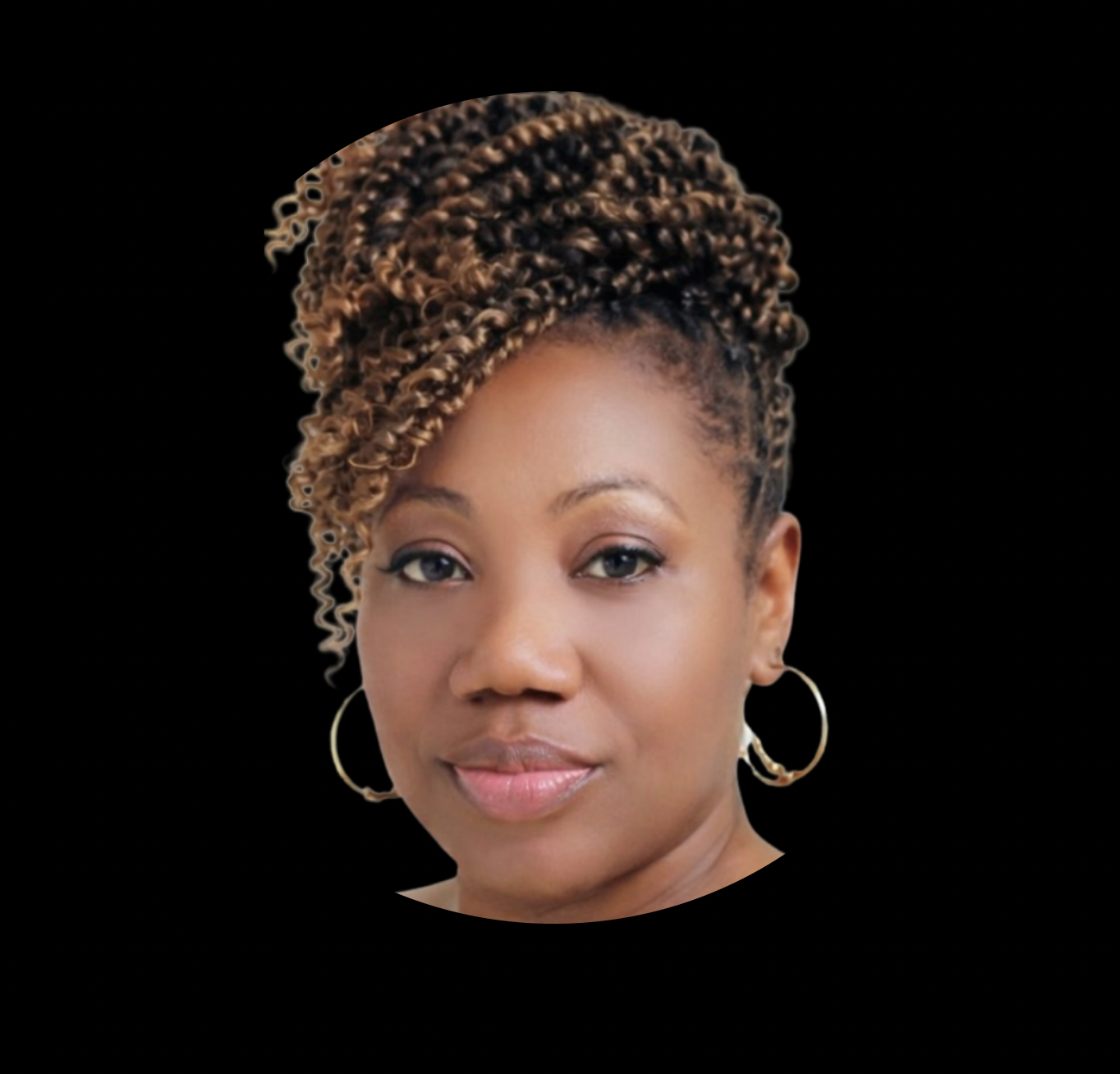 Portrait of a woman with medium brown skin, styled braids with blonde highlights, large hoop earrings, light makeup, and a calm expression, set against a black background.