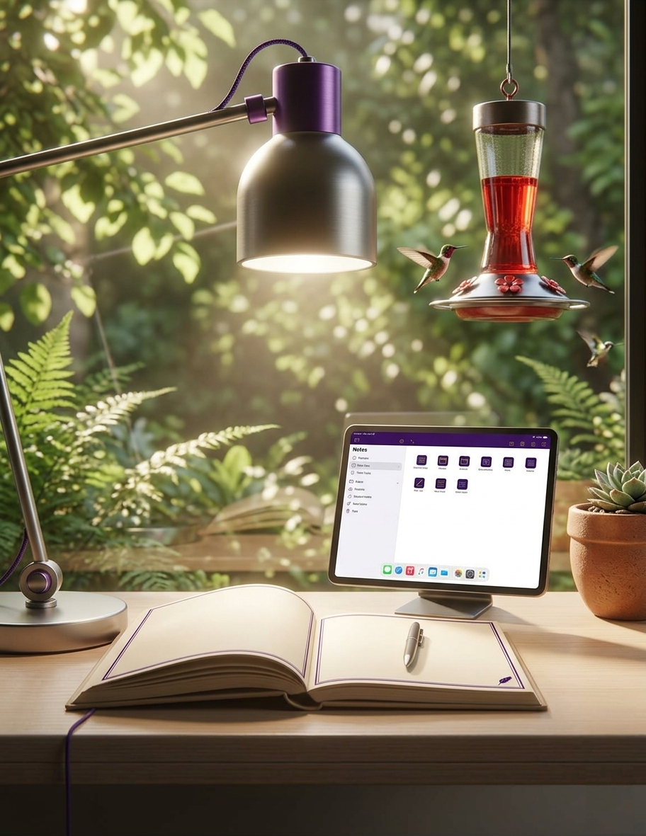 A work desk with a laptop, notebook with a pen, desk lamp, and a tablet displaying notes, set by a window with a lush outdoor garden view.