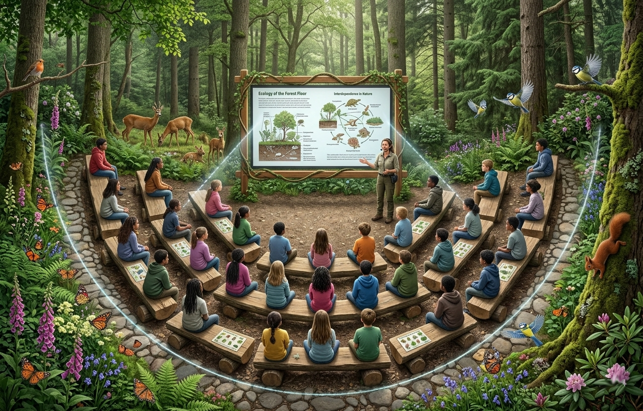 A classroom set in a forest, with children seated on curved wooden benches around a teacher who is giving a lesson on ecology. The scene is surrounded by lush greenery, trees, and various animals like deer, birds, butterflies, squirrels, and a fox.