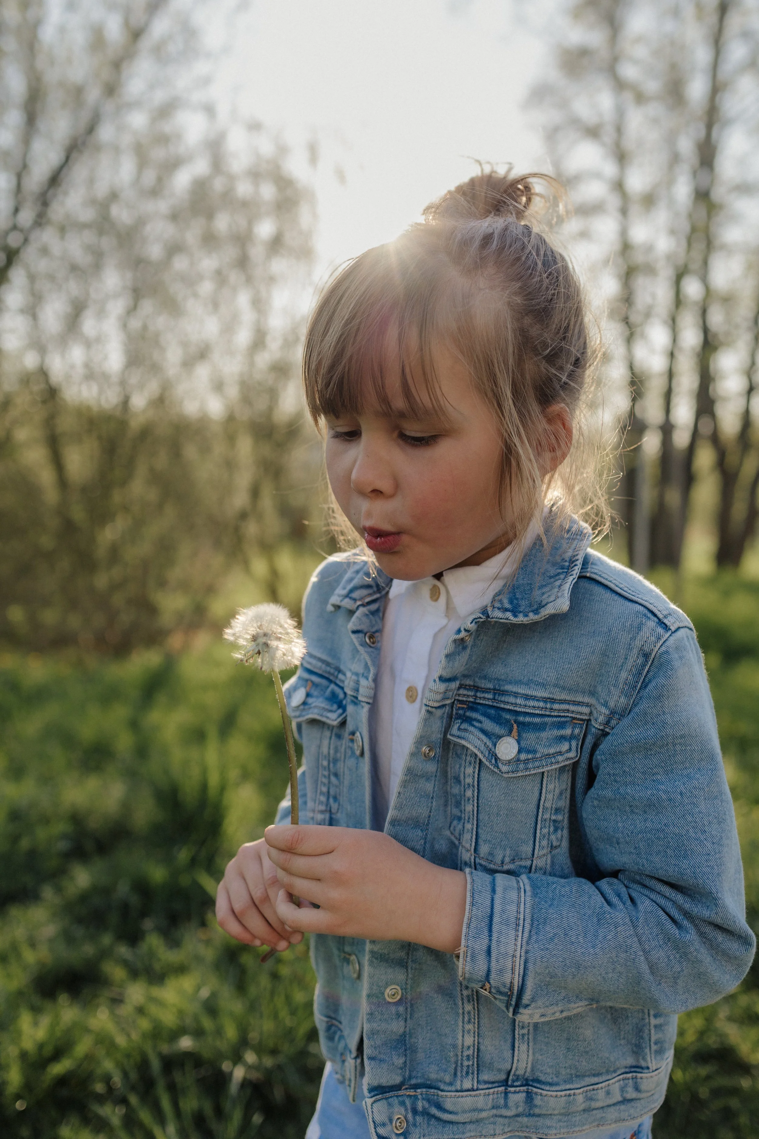 A young girl with brown hair in a bun wearing a denim jacket, holding a dandelion, outdoors in a green park with trees in the background and sunlight shining behind her.