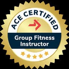 Ace Certified Group Fitness Instructor badge with a gold border, a blue banner, and red and gold accents.