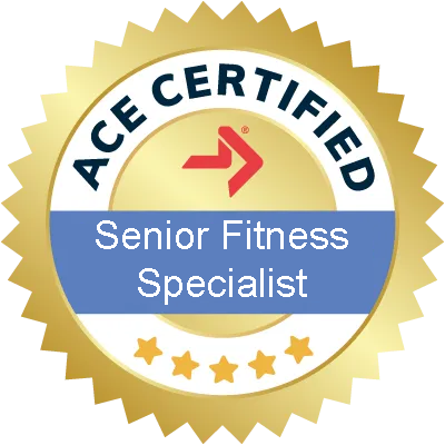 A circular badge with a gold outer ring, blue inner circle, and text that reads "ACE CERTIFIED" at the top and "Senior Fitness Specialist" in the center. There is a red arrow symbol in the middle.