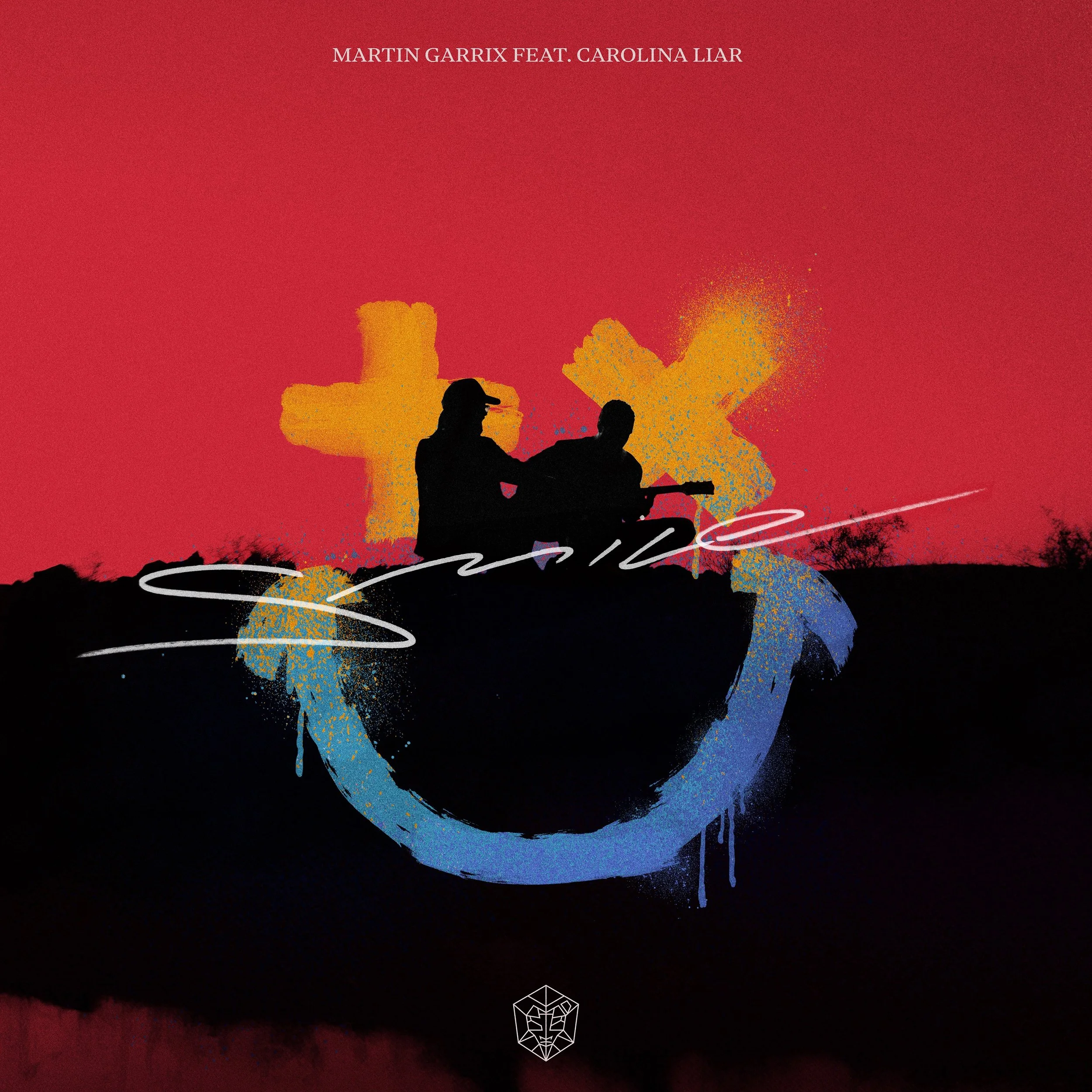 Silhouettes of two people sitting outdoors against a multicolored painted background, with text "Martin Garrix feat. Carolina Liar" at the top.