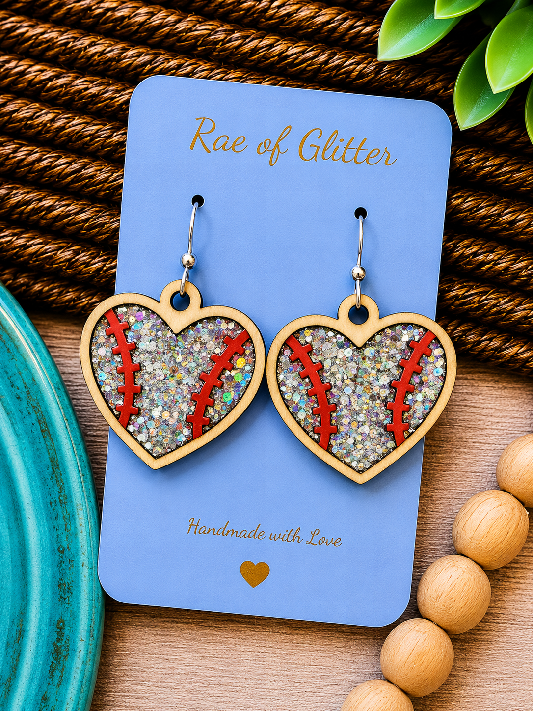 Heart-Shaped Glitter Baseball Earrings