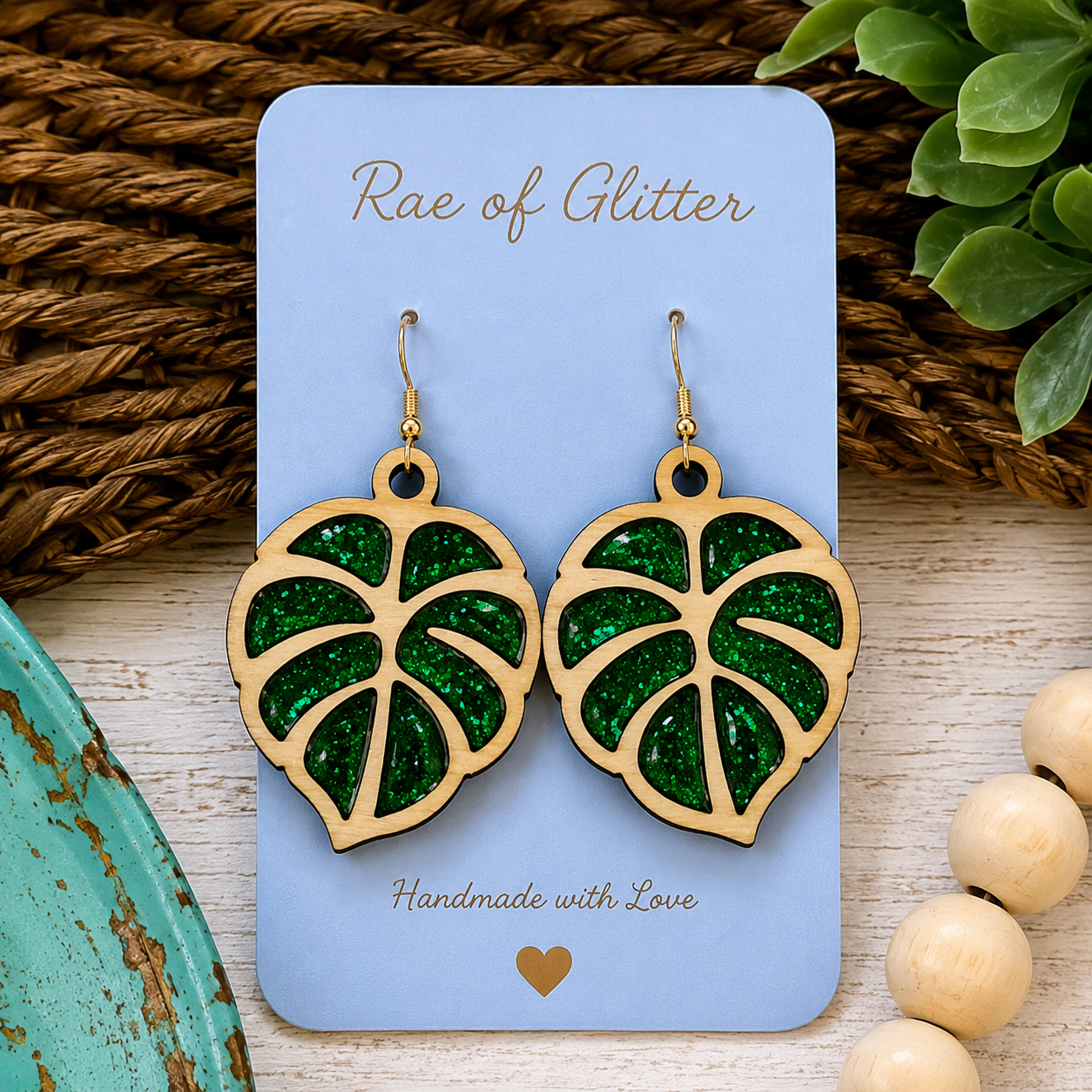 Monstera Glitter Leaf Earrings