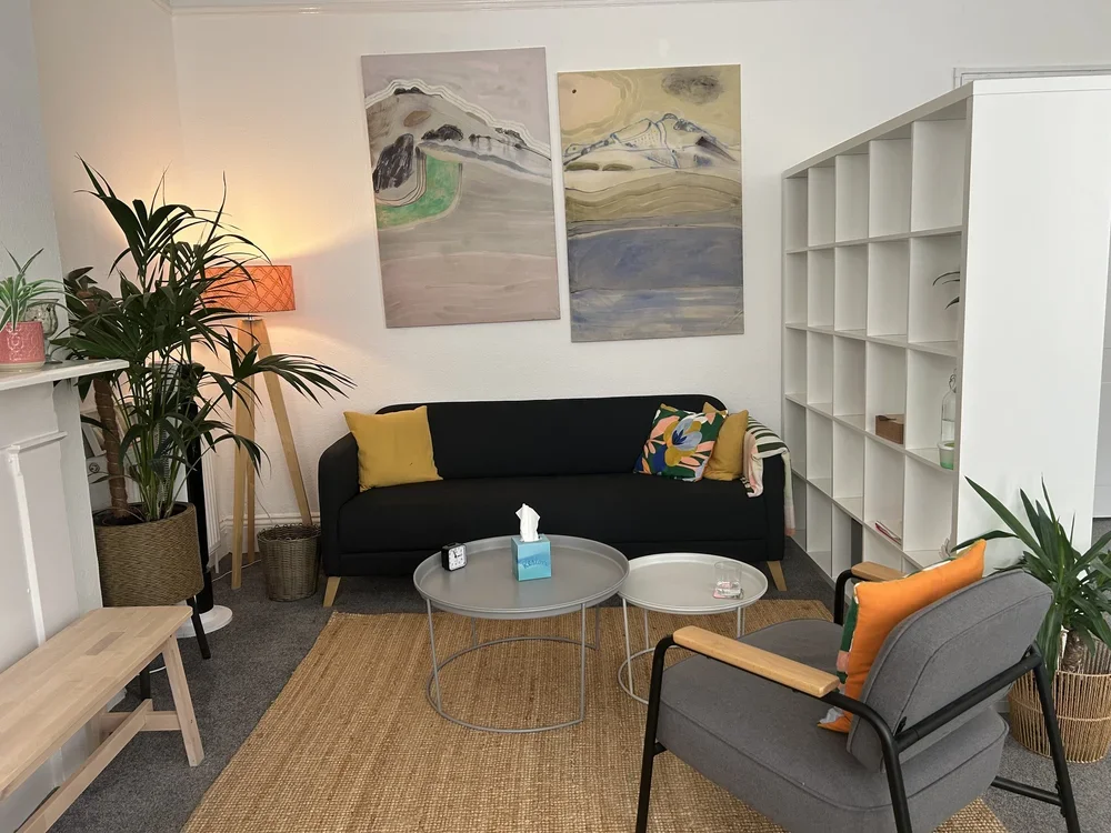 Cozy living room with black sofa, gray armchair, tall white bookshelf, colorful throw pillows, abstract landscape paintings, potted plants, a standing lamp, and a woven rug.