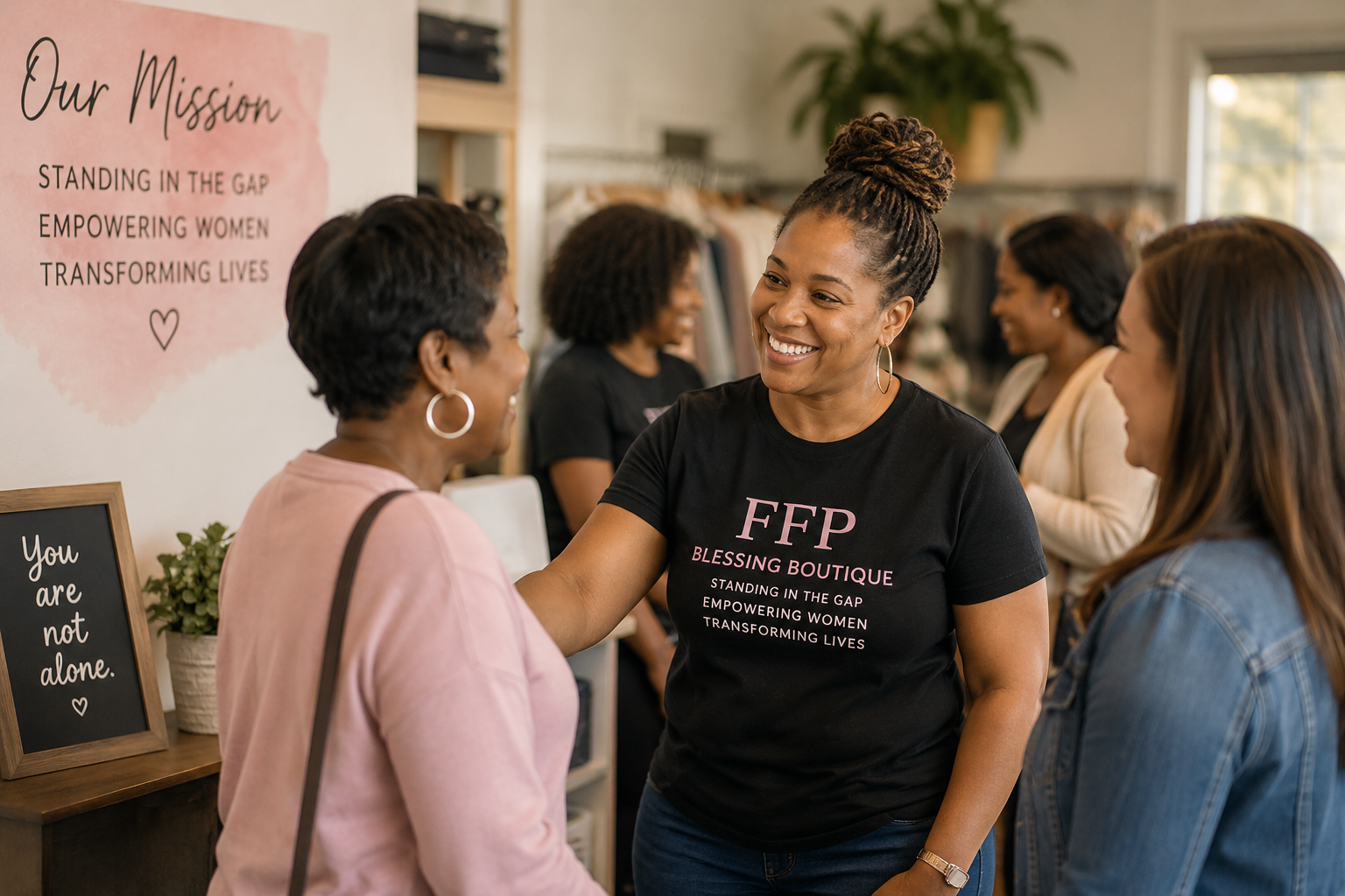 Women at a boutique shop engaging in a friendly conversation, smiling, with a large sign in the background that reads 'Our Mission: Standing in the Gap, Empowering Women, Transforming Lives'.