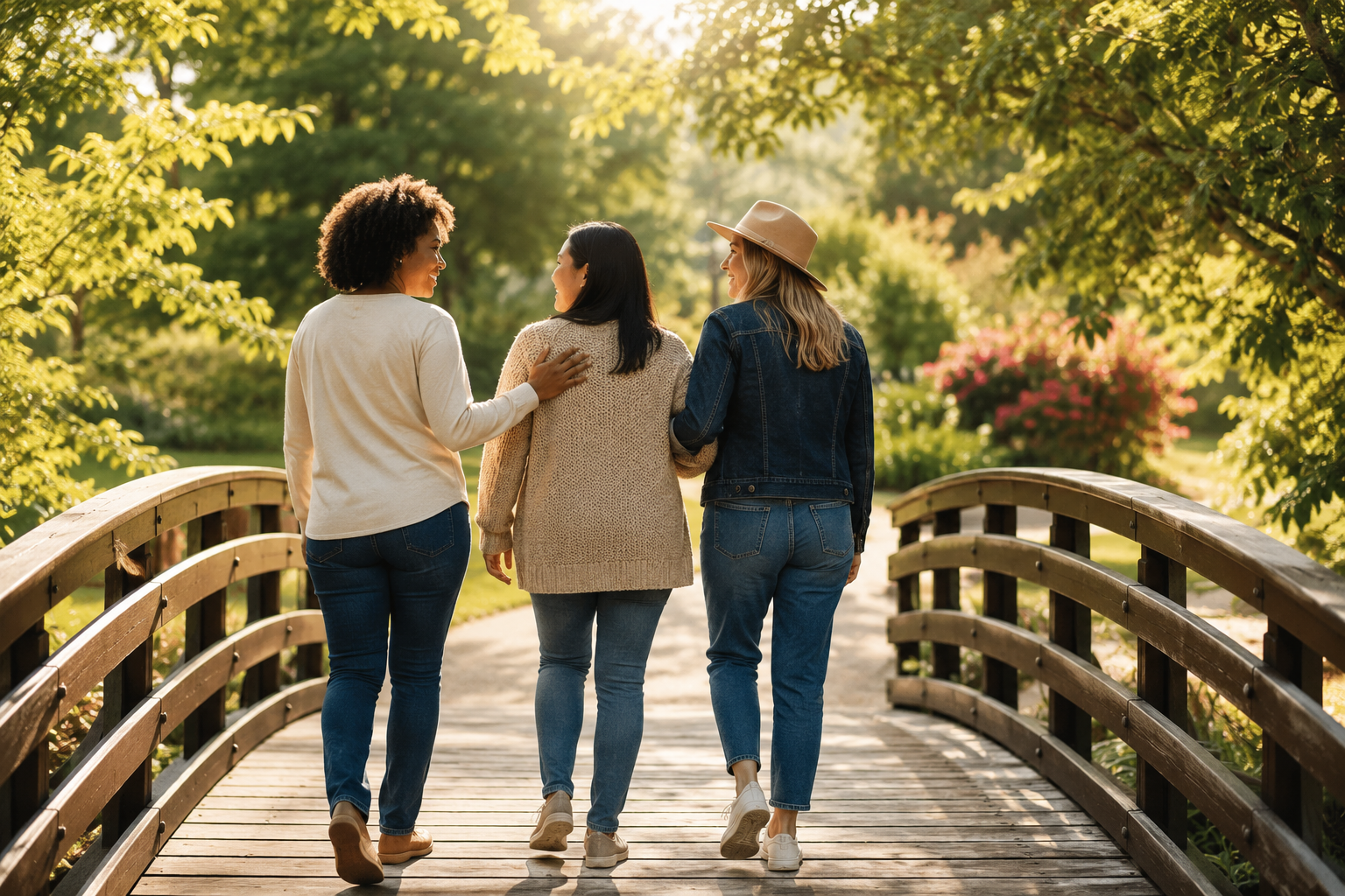 Three women walking together on a wooden bridge in a park, enjoying a sunny day surrounded by green trees and pink flowers.