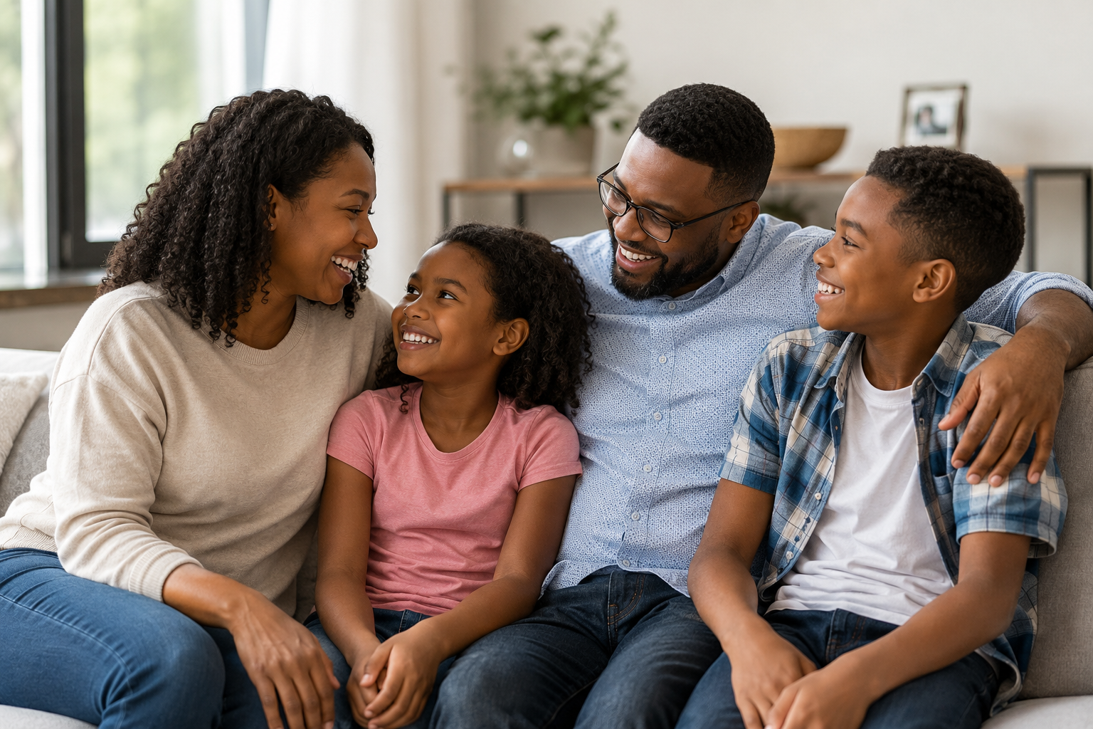 A family of four sitting on a couch, smiling and sharing a happy moment together.