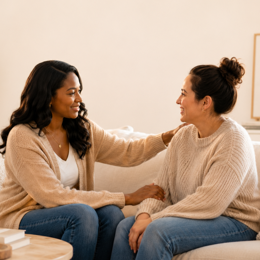 Two women sitting on a beige couch, smiling and talking in a cozy living room.