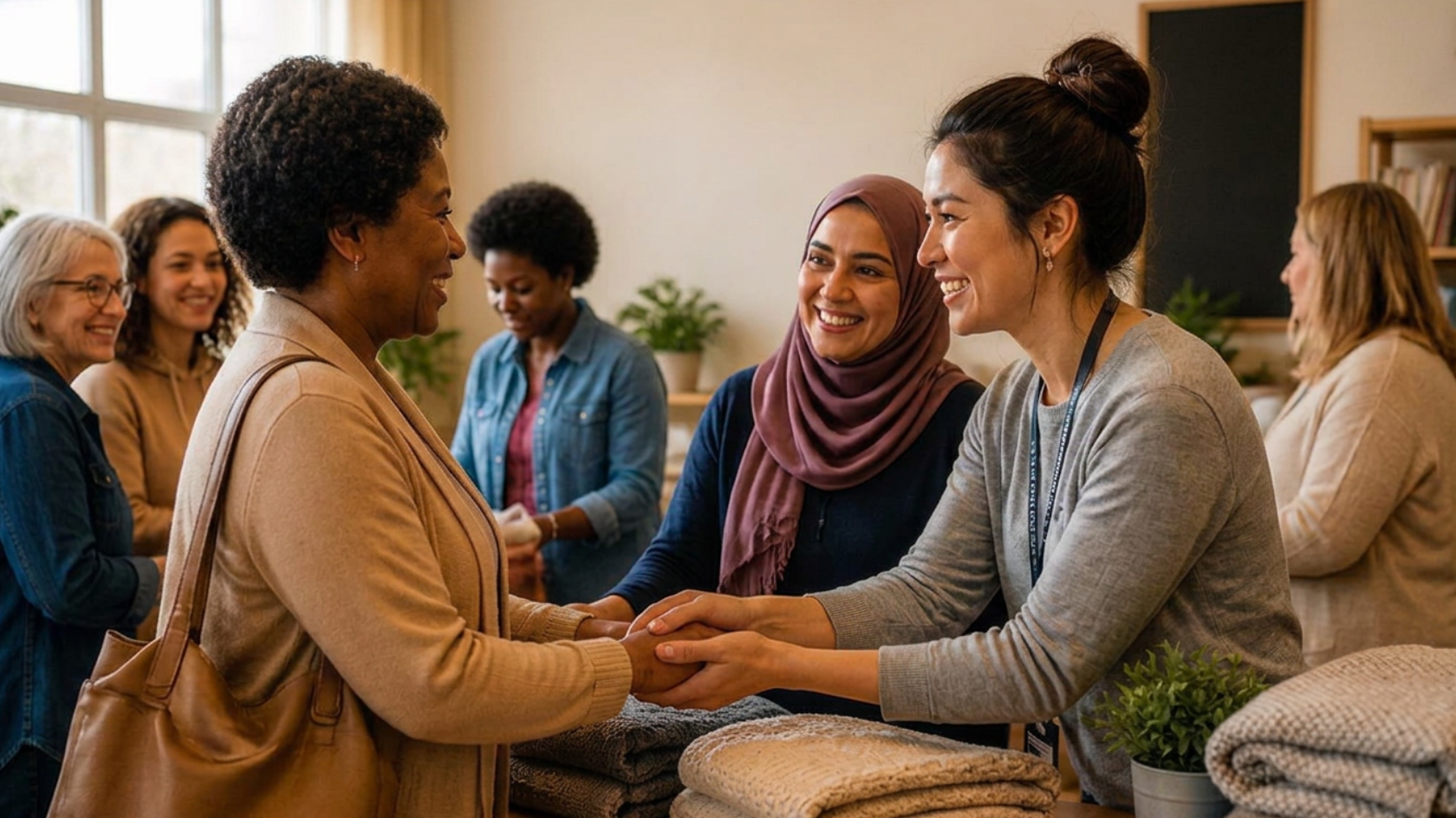 Women hugging and smiling in a warm indoor setting surrounded by other women.