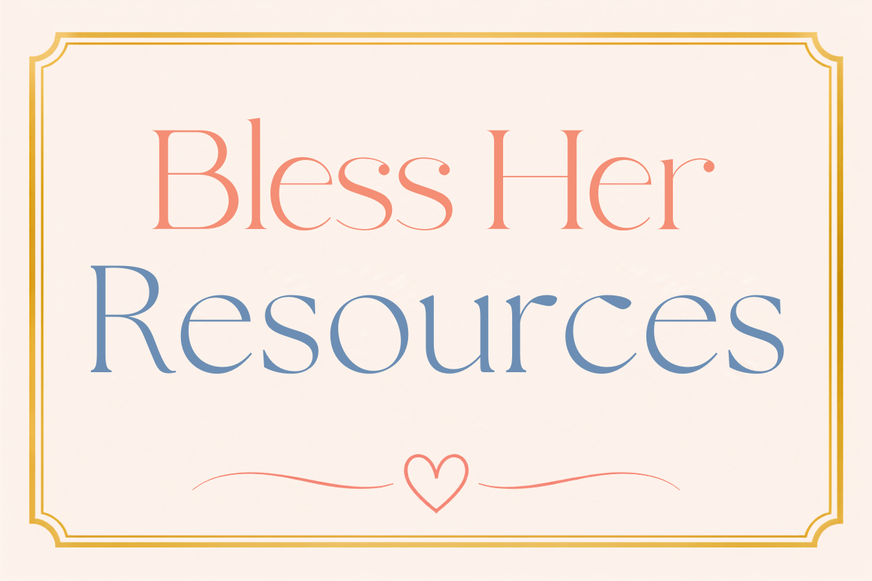 A decorative sign with the words "Bless Her Resources" in large, elegant lettering, featuring a heart and lines below, surrounded by a gold ornate border.