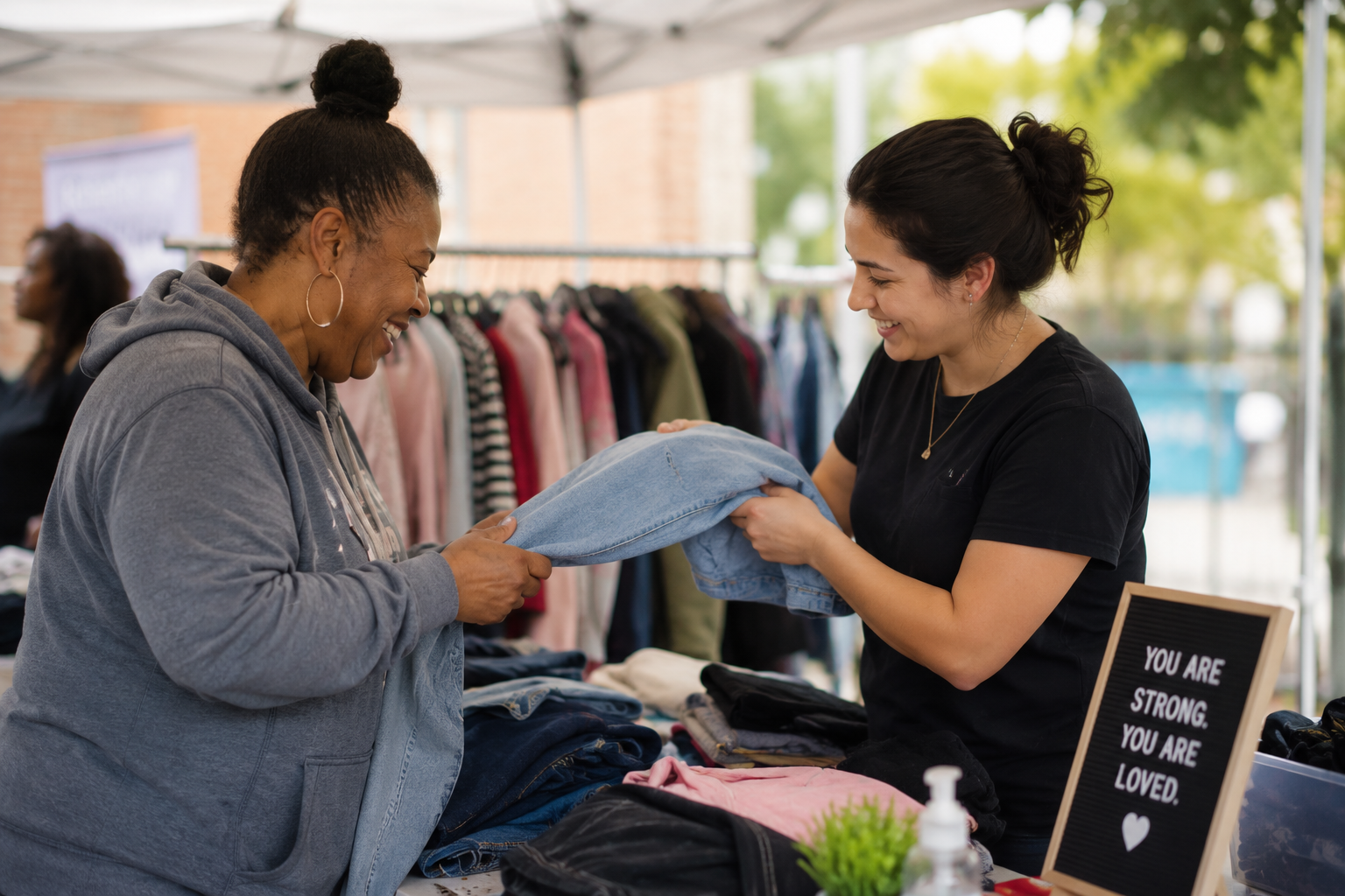 A woman at a clothing fundraiser shop is smiling as she receives a pair of jeans from the young lady working at the booth, who is also smiling. The booth has various clothing items and a sign that reads, 'You are strong, you are loved.'