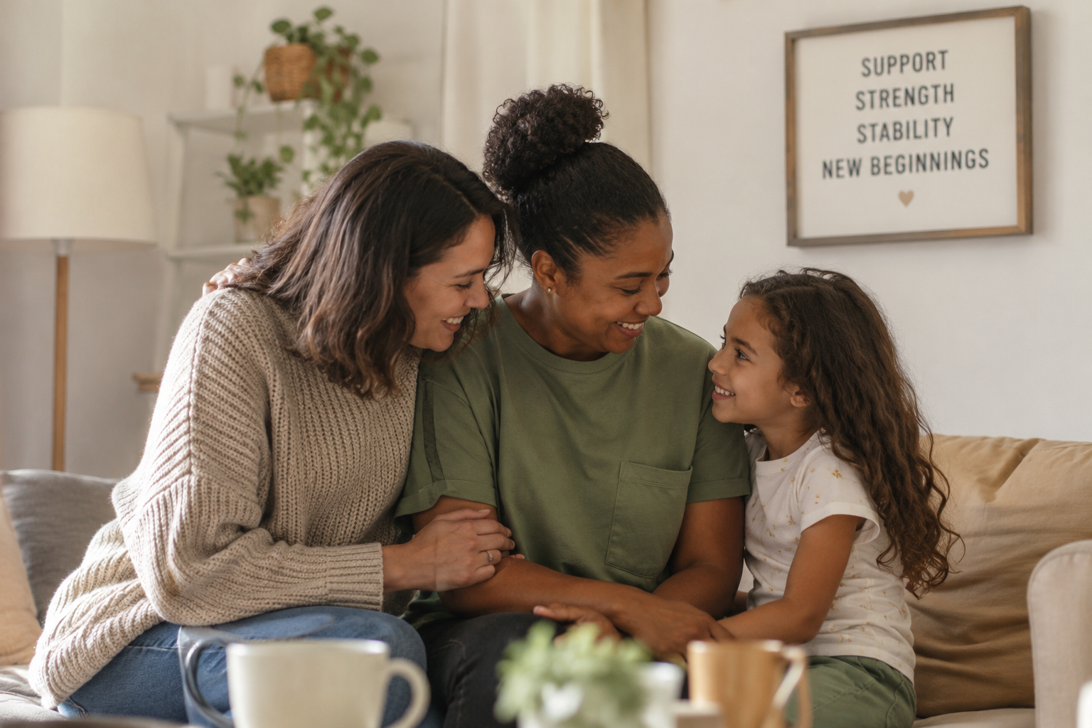 Three women and a girl sitting on a couch smiling and looking at each other in a cozy living room.