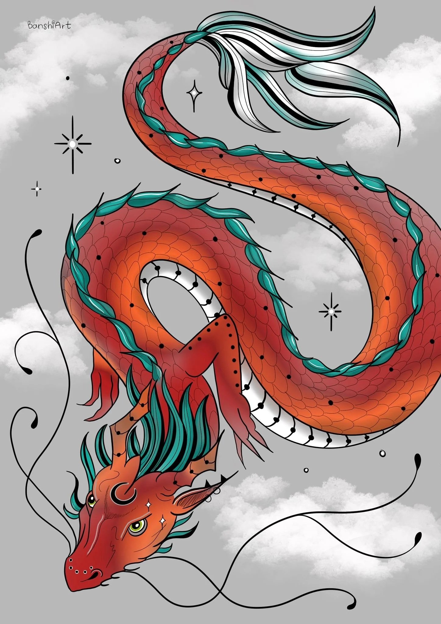 Ein stilisierter, bunter Drache auf grauem Himmel mit Wolken, lange geschwungene Form, Schuppen, Flammenmuster, große grüne Augen und Details in Schwarz, Weiß und Türkis.
