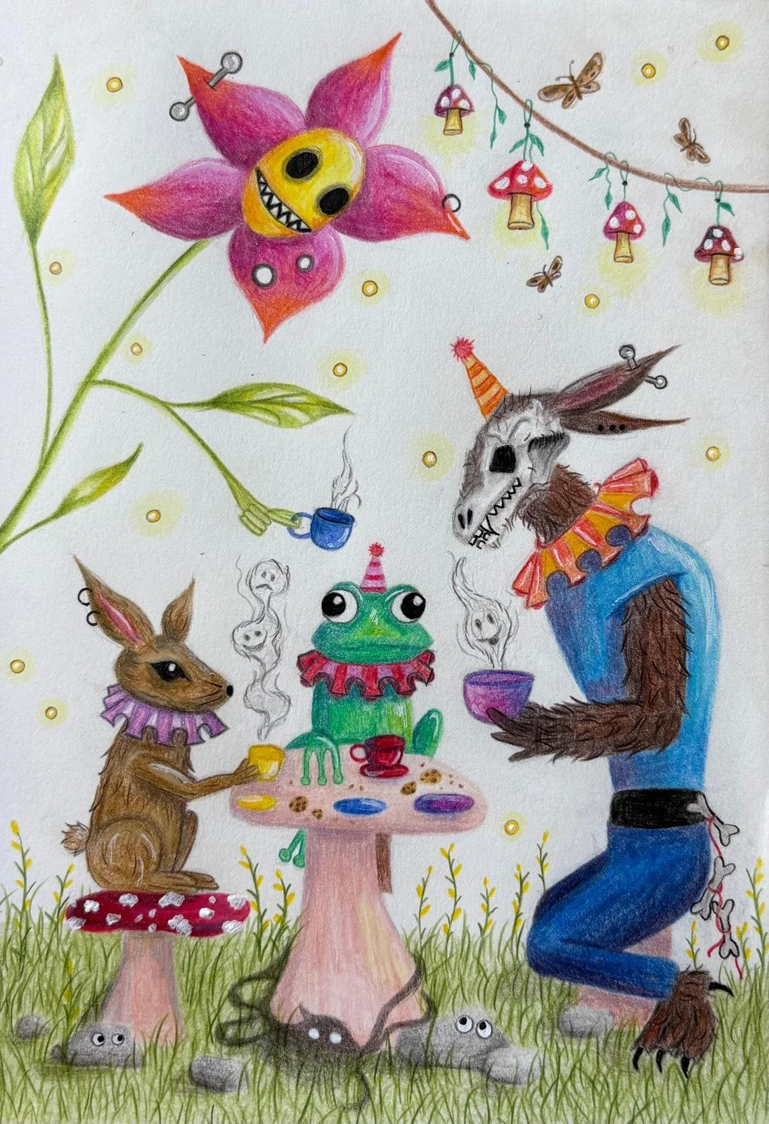 Handgezeichnetes Fantasiebild mit Tieren und Fabelwesen beim Tee im Wald. Ein Esel mit Partyhut und Fransen dekoopup, eine Katze mit Partyhütchen, ein Frosch mit Zylinder, ein Kaninchen mit Rüschen, ein schwebender Baum mit Klauen, fliegende Insekten, Pilze, Steine mit Augen und kleine Wesen, Tische mit Tassen und Keksen, bunte Dekorationen und Lichterketten.