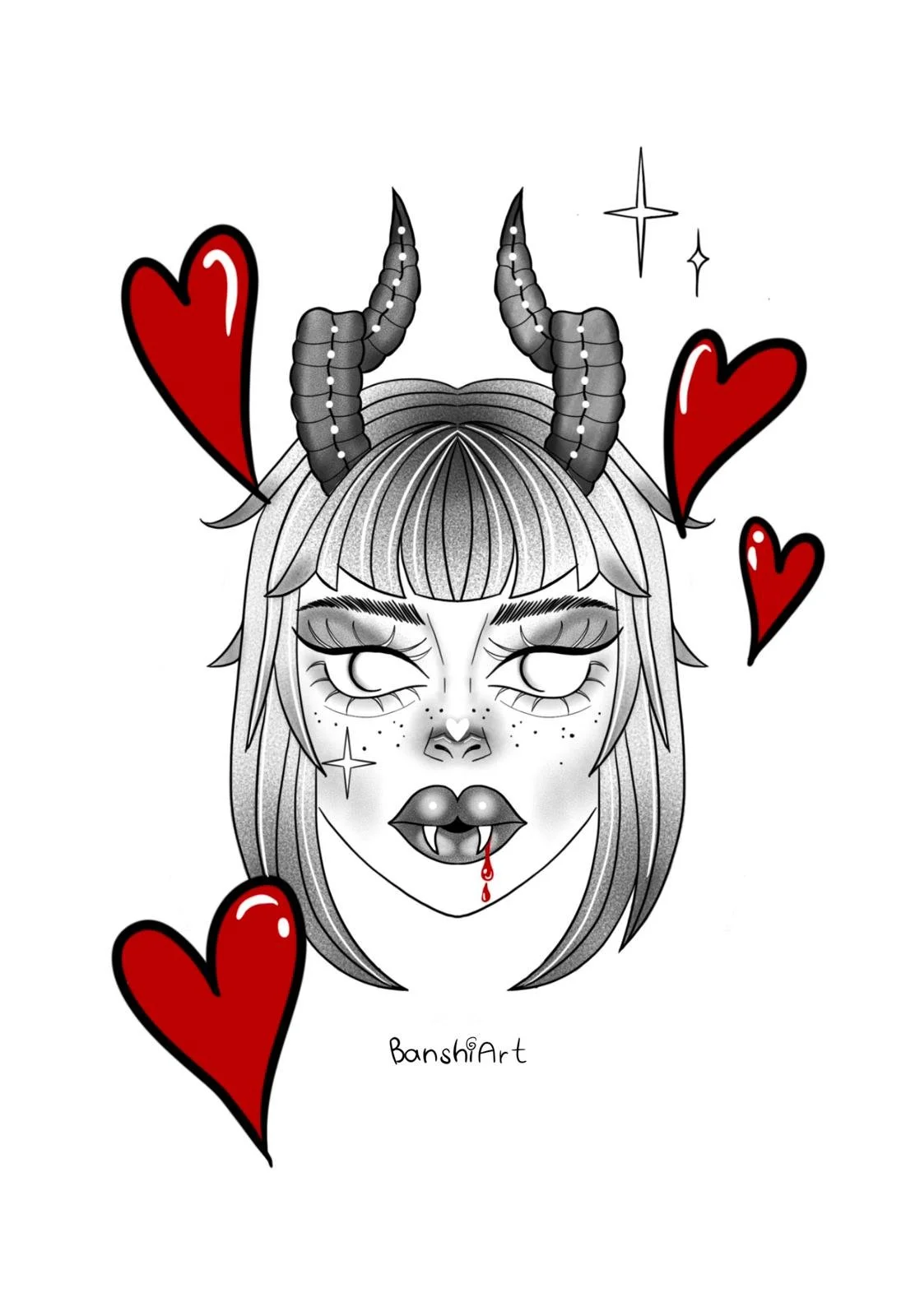 Schwarz-weiß Tattoo-Illustration eines Mädchens mit Dämonen-Merkmalen wie Hörnern, spitzen Zähnen, Vampirlicken, Tätowierungen und blutigem Mund, umgeben von roten Herzen.