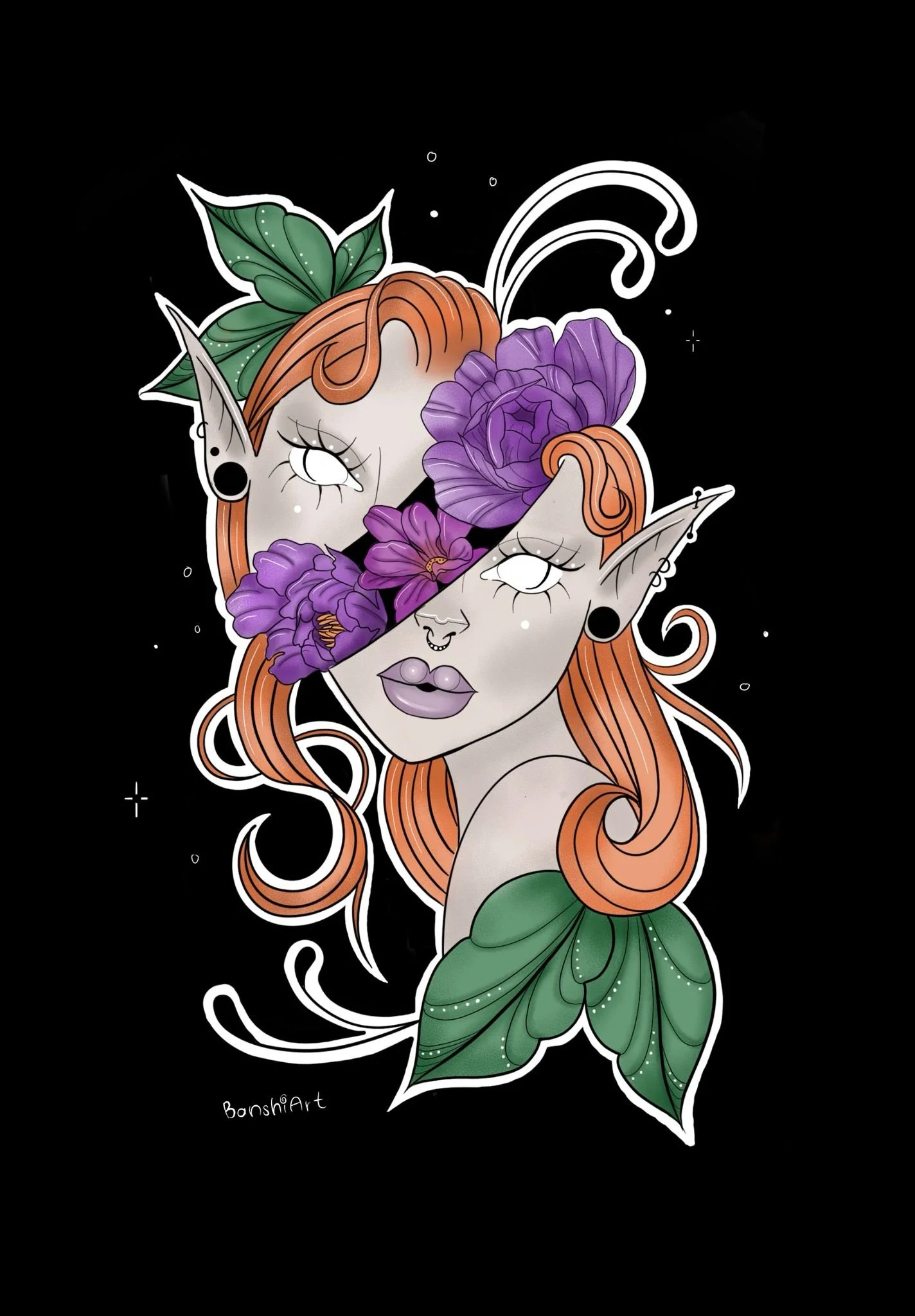 Digitales Kunstwerk eines Elfen mit orangefarbenen, lockigen Haaren, grünen Kleid und großen grünen Flügeln, umgeben von violetten Blumen, auf schwarzem Hintergrund.