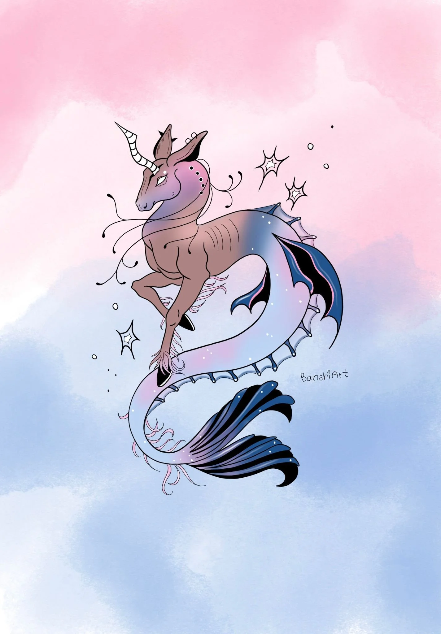 Ein Fantasiewesen, eine Mischung aus Einhorn und Drachen, schwebt vor einem pastellfarbenen Himmel, mit Sternen und Blasen umgeben.