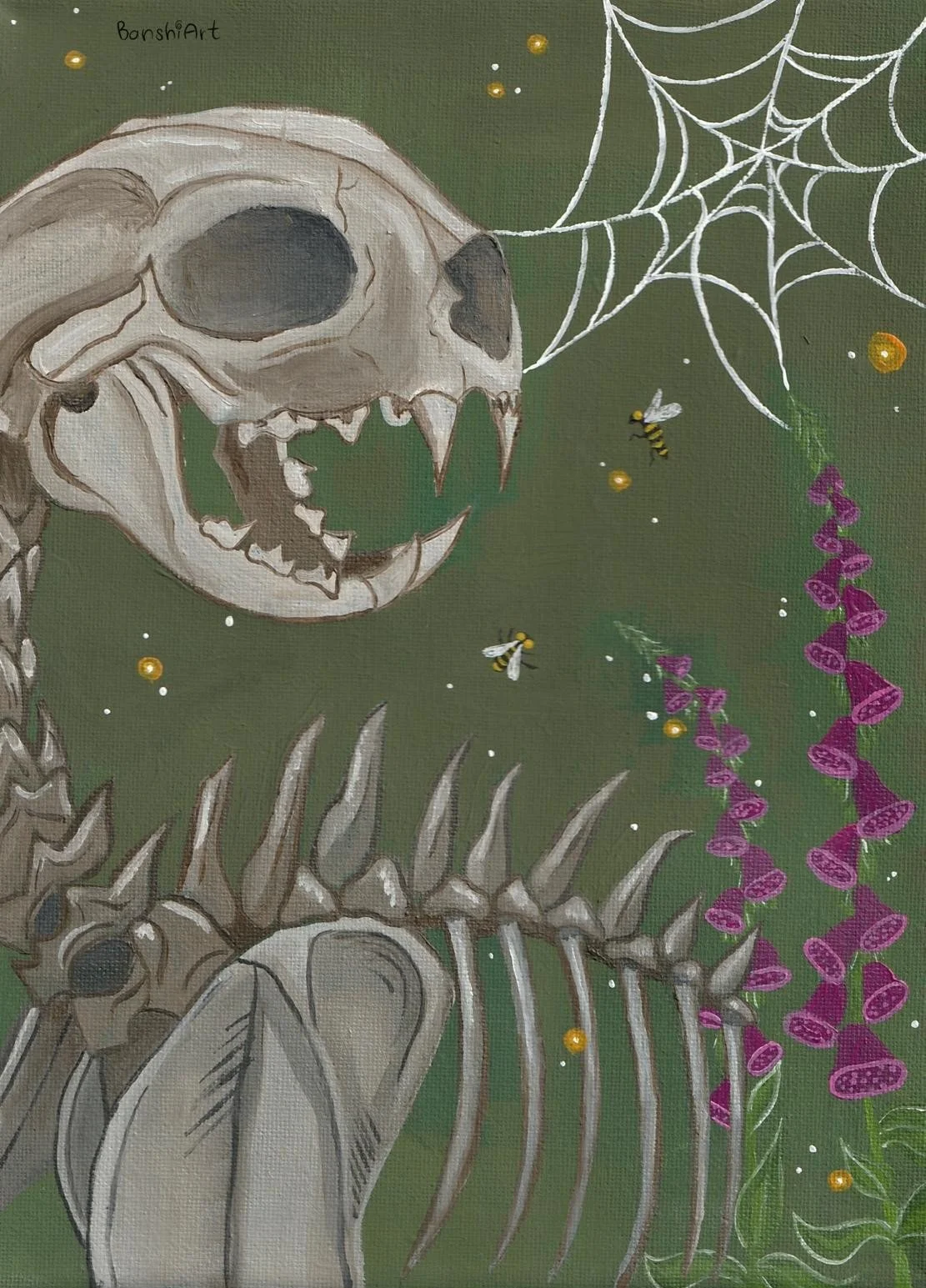 A painting of a dinosaur skeleton with a large skull, sharp teeth, and bones, along with a spider web, bees, pink plants, and a green background.